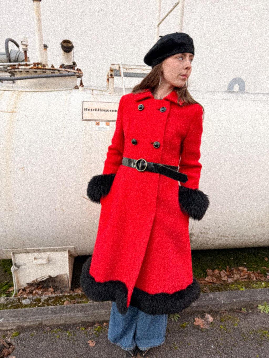 1960s Crimson Wool Long Princess Coat with Faux-Fur Trimmings and Patent PVC Belt