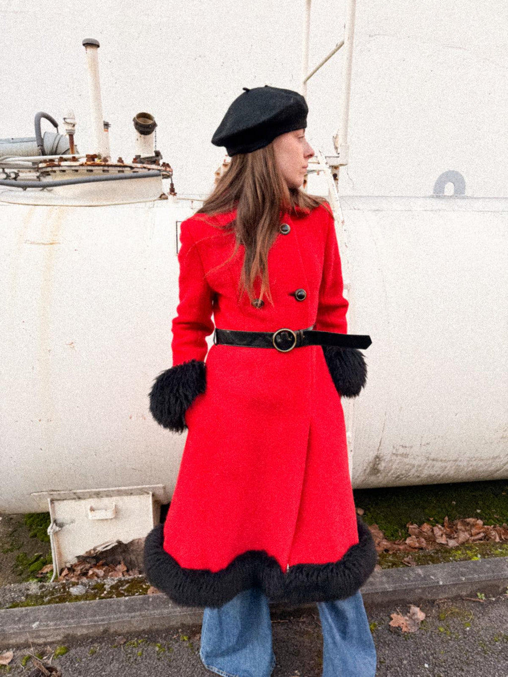 1960s Crimson Wool Long Princess Coat with Faux-Fur Trimmings and Patent PVC Belt