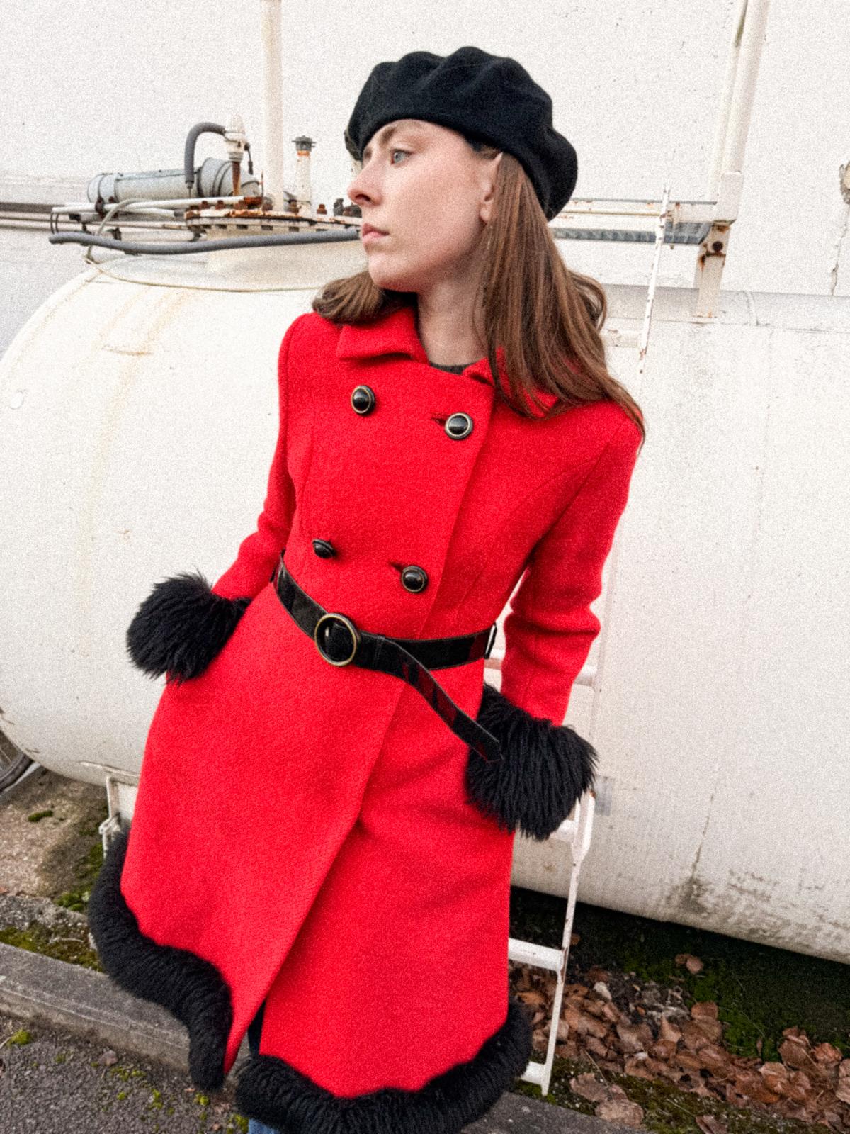 1960s Crimson Wool Long Princess Coat with Faux-Fur Trimmings and Patent PVC Belt