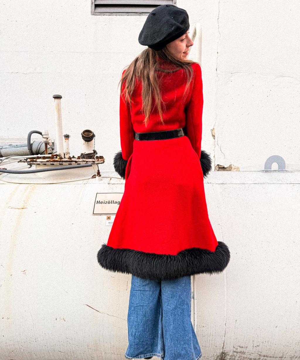 1960s Crimson Wool Long Princess Coat with Faux-Fur Trimmings and Patent PVC Belt