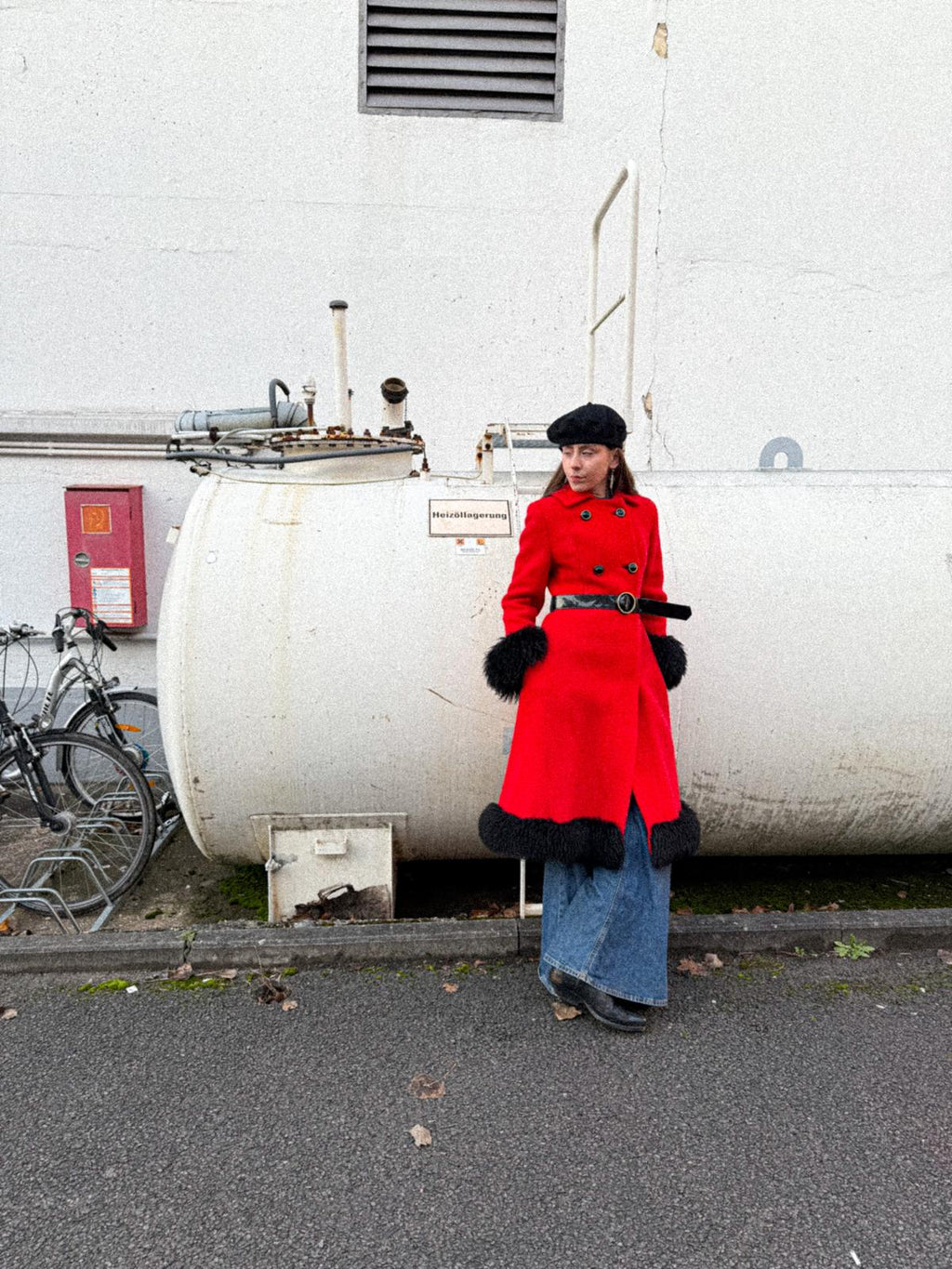 1960s Crimson Wool Long Princess Coat with Faux-Fur Trimmings and Patent PVC Belt