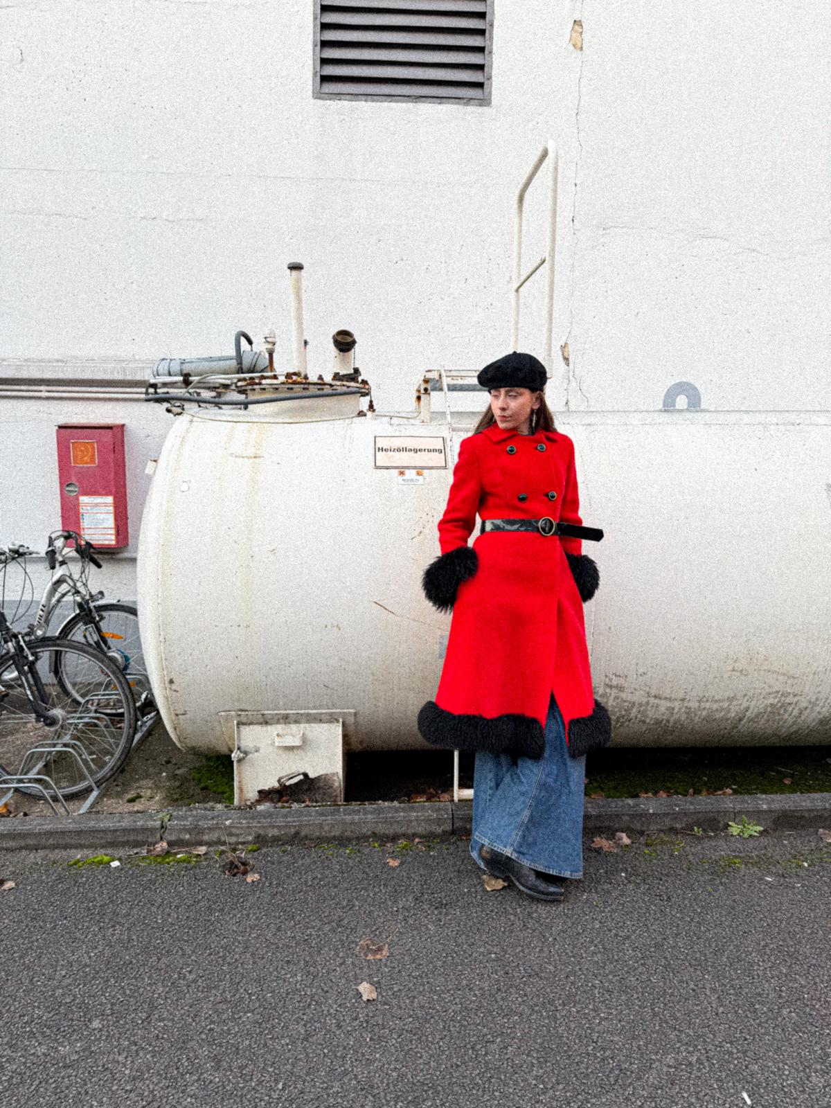 1960s Crimson Wool Long Princess Coat with Faux-Fur Trimmings and Patent PVC Belt
