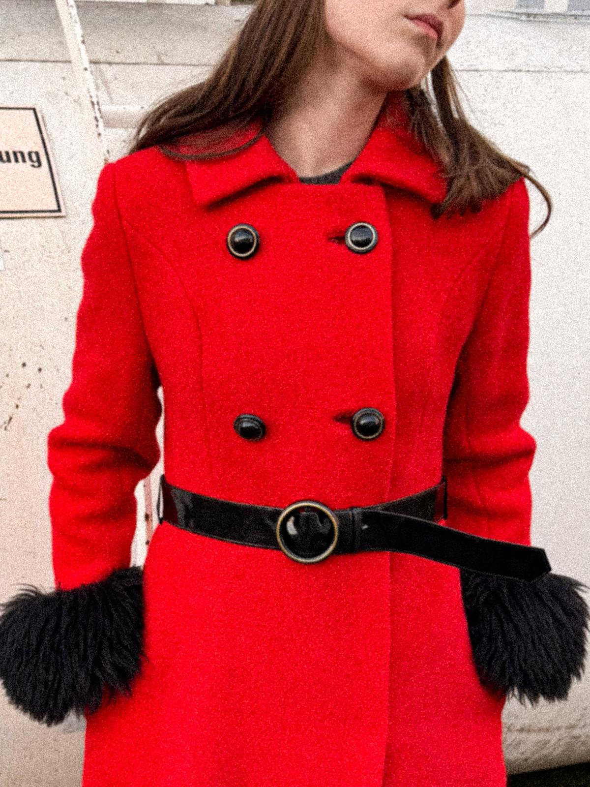 1960s Crimson Wool Long Princess Coat with Faux-Fur Trimmings and Patent PVC Belt