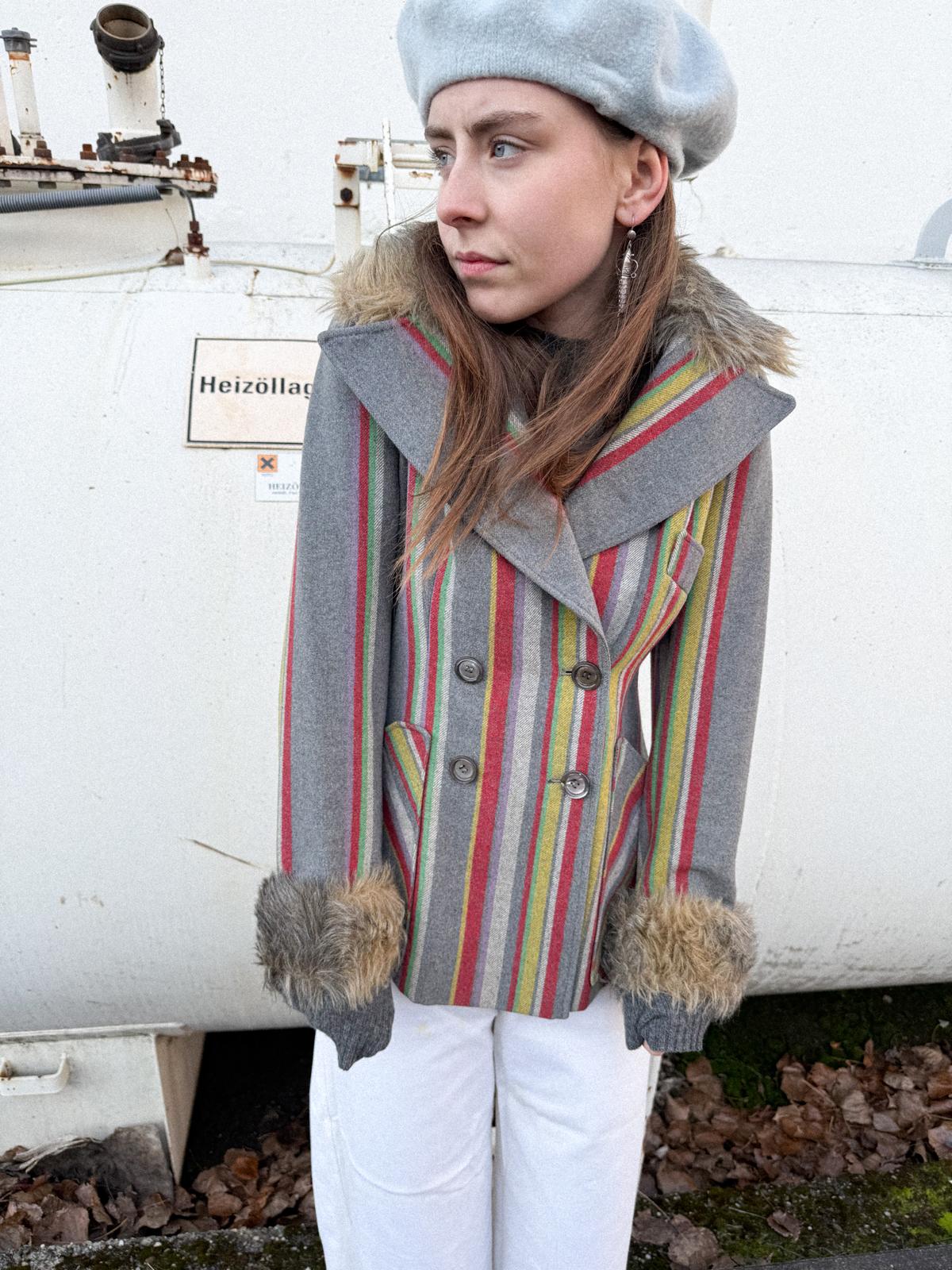 1970s Gil Bret Wool Blend Striped Mod Jacket with Faux Fur Cuffs