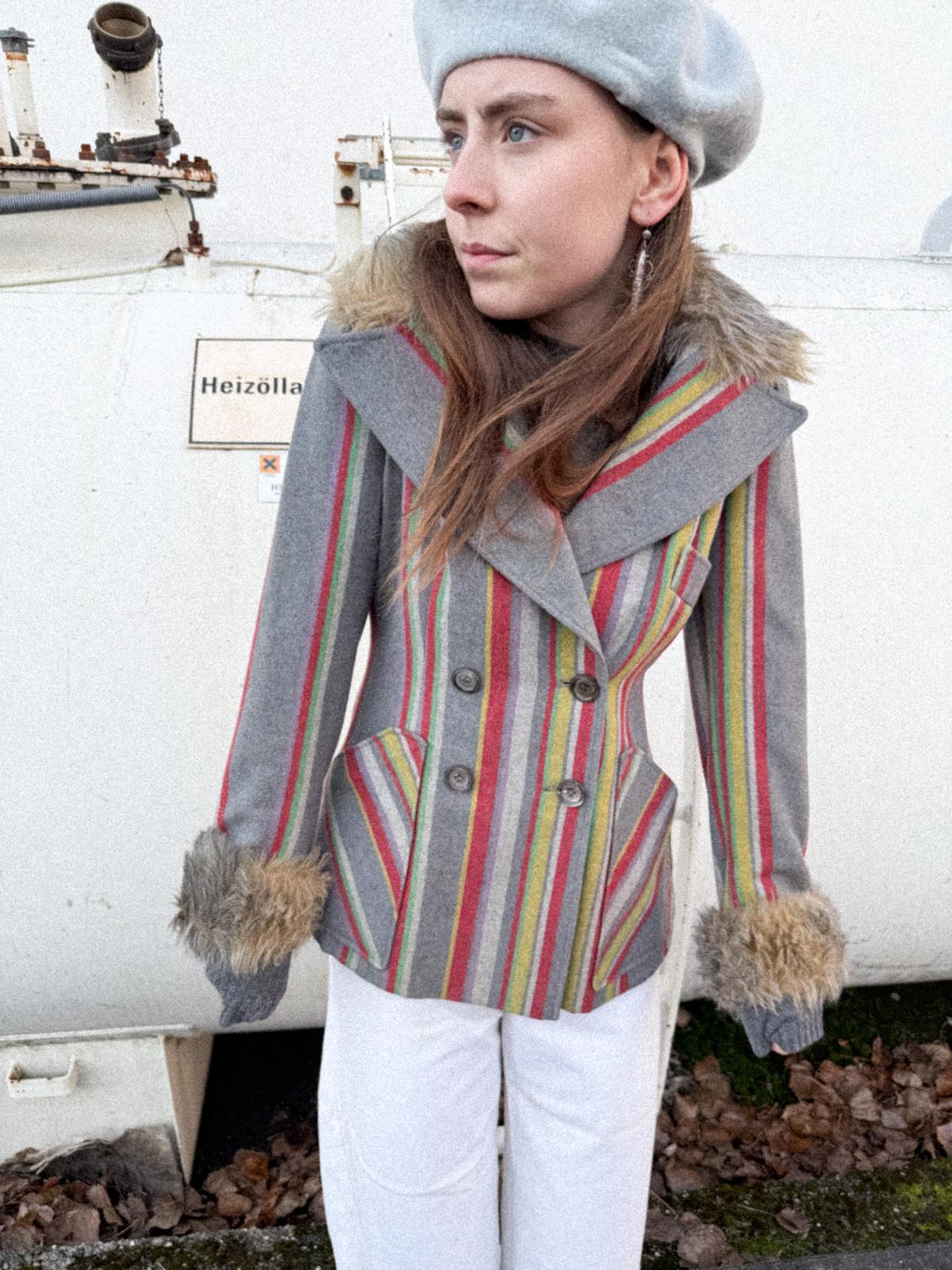 1970s Gil Bret Wool Blend Striped Mod Jacket with Faux Fur Cuffs