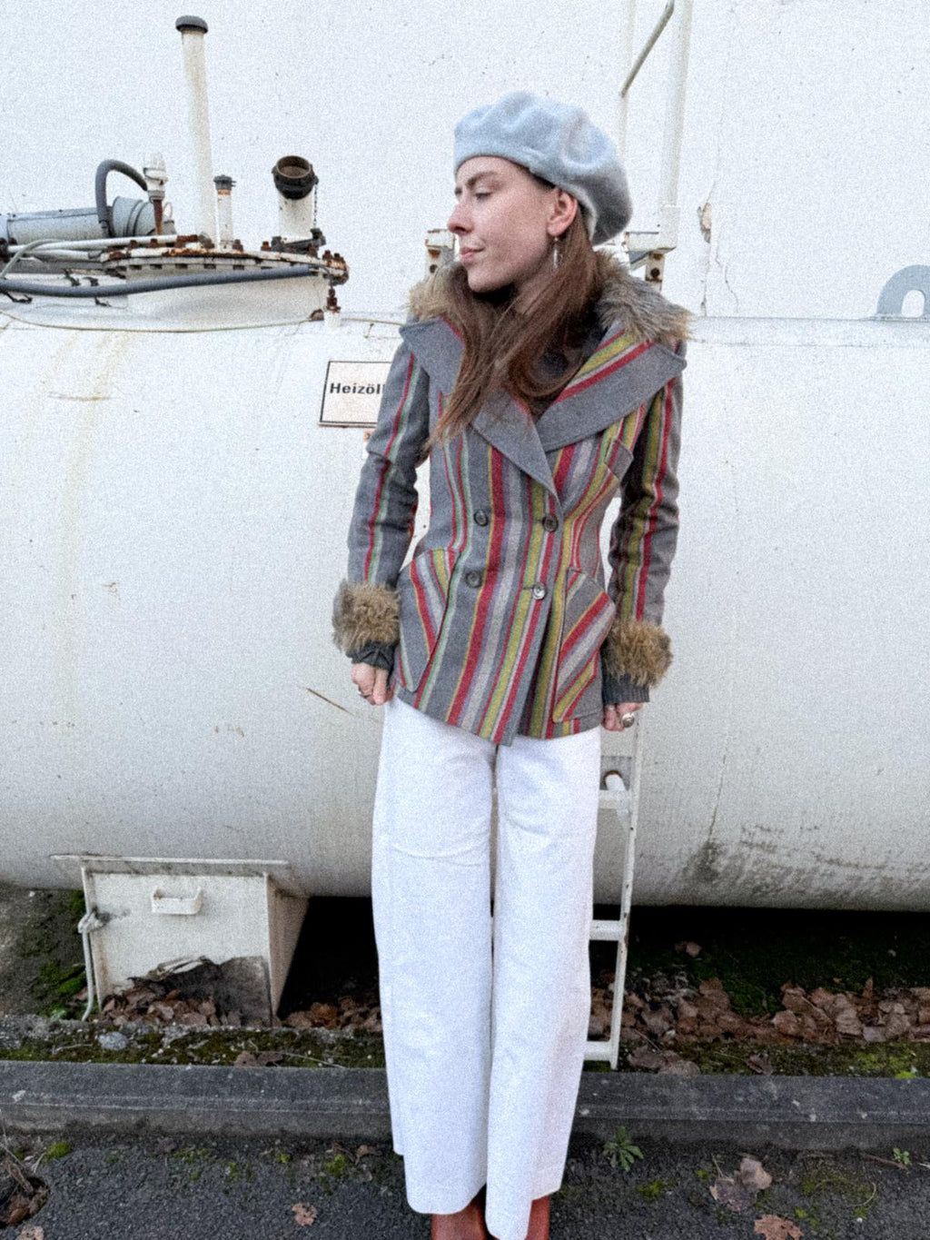 1970s Gil Bret Wool Blend Striped Mod Jacket with Faux Fur Cuffs