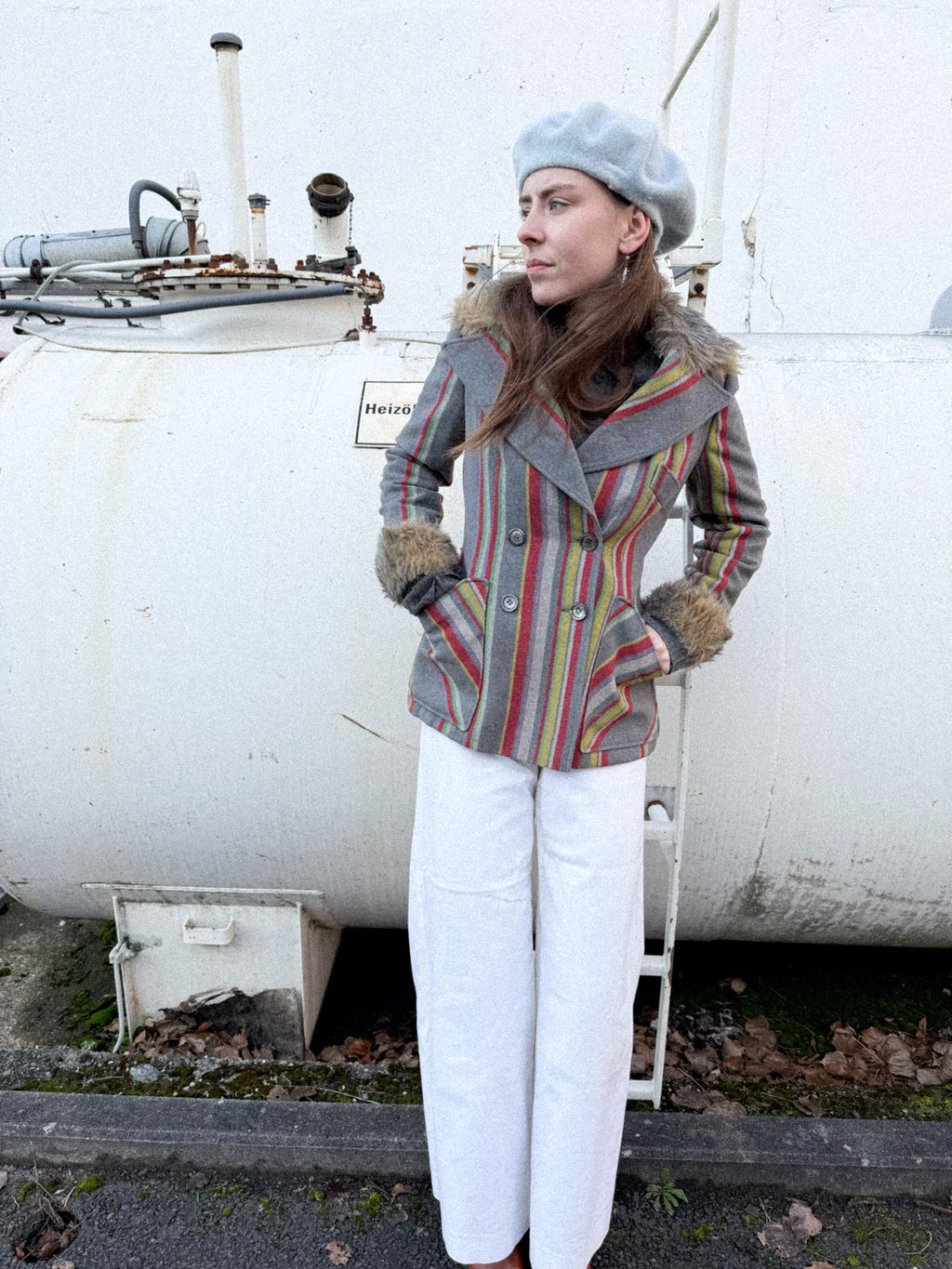 1970s Gil Bret Wool Blend Striped Mod Jacket with Faux Fur Cuffs