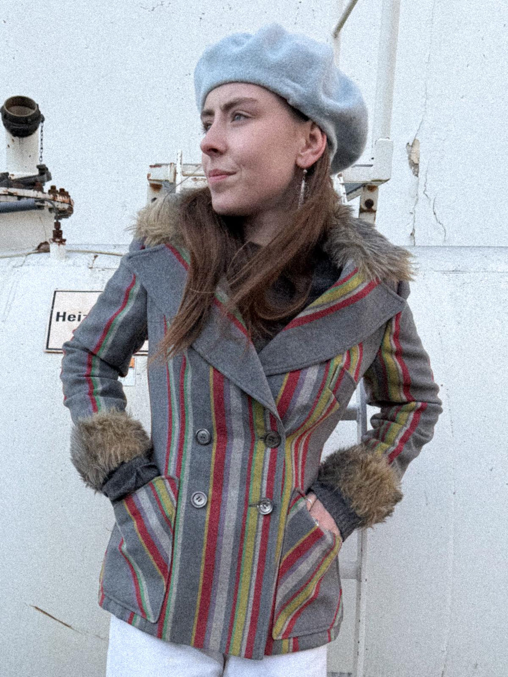 1970s Gil Bret Wool Blend Striped Mod Jacket with Faux Fur Cuffs