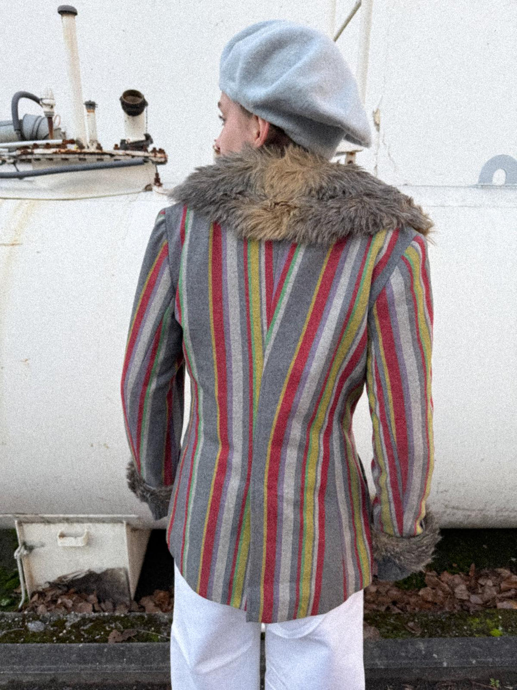 1970s Gil Bret Wool Blend Striped Mod Jacket with Faux Fur Cuffs