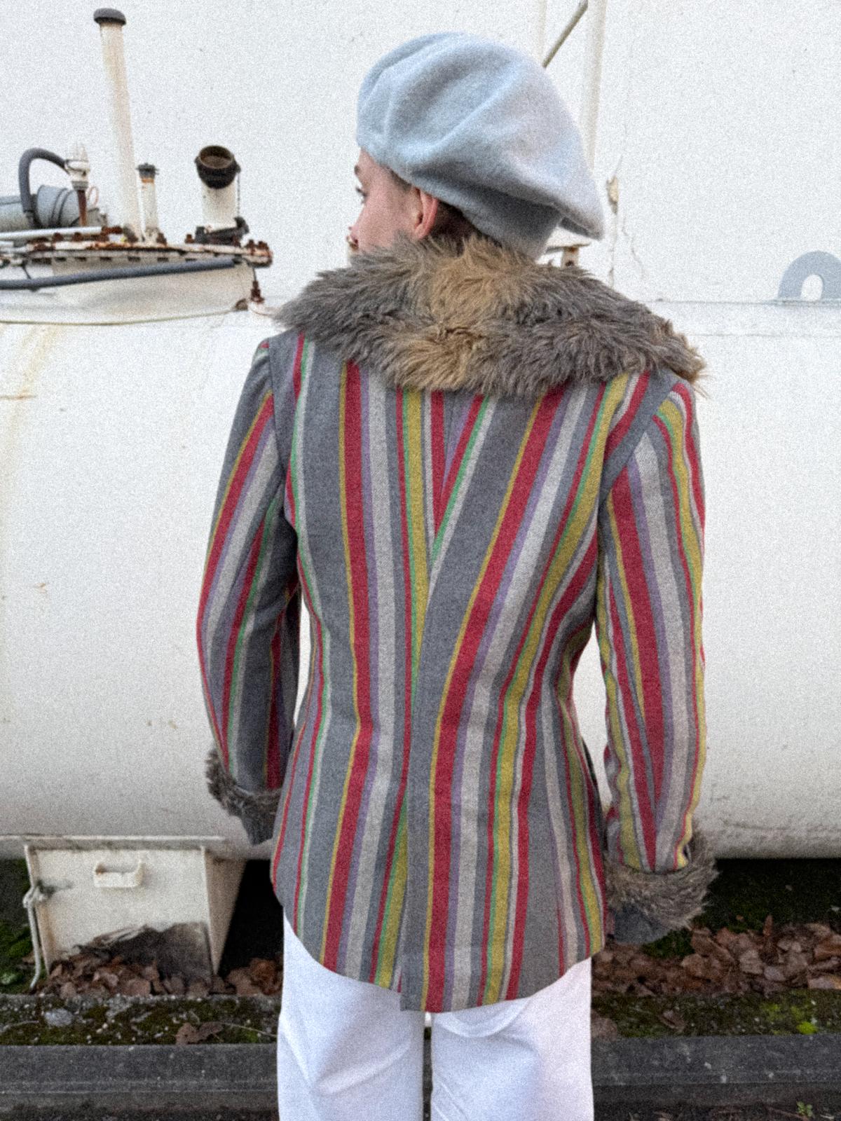 1970s Gil Bret Wool Blend Striped Mod Jacket with Faux Fur Cuffs