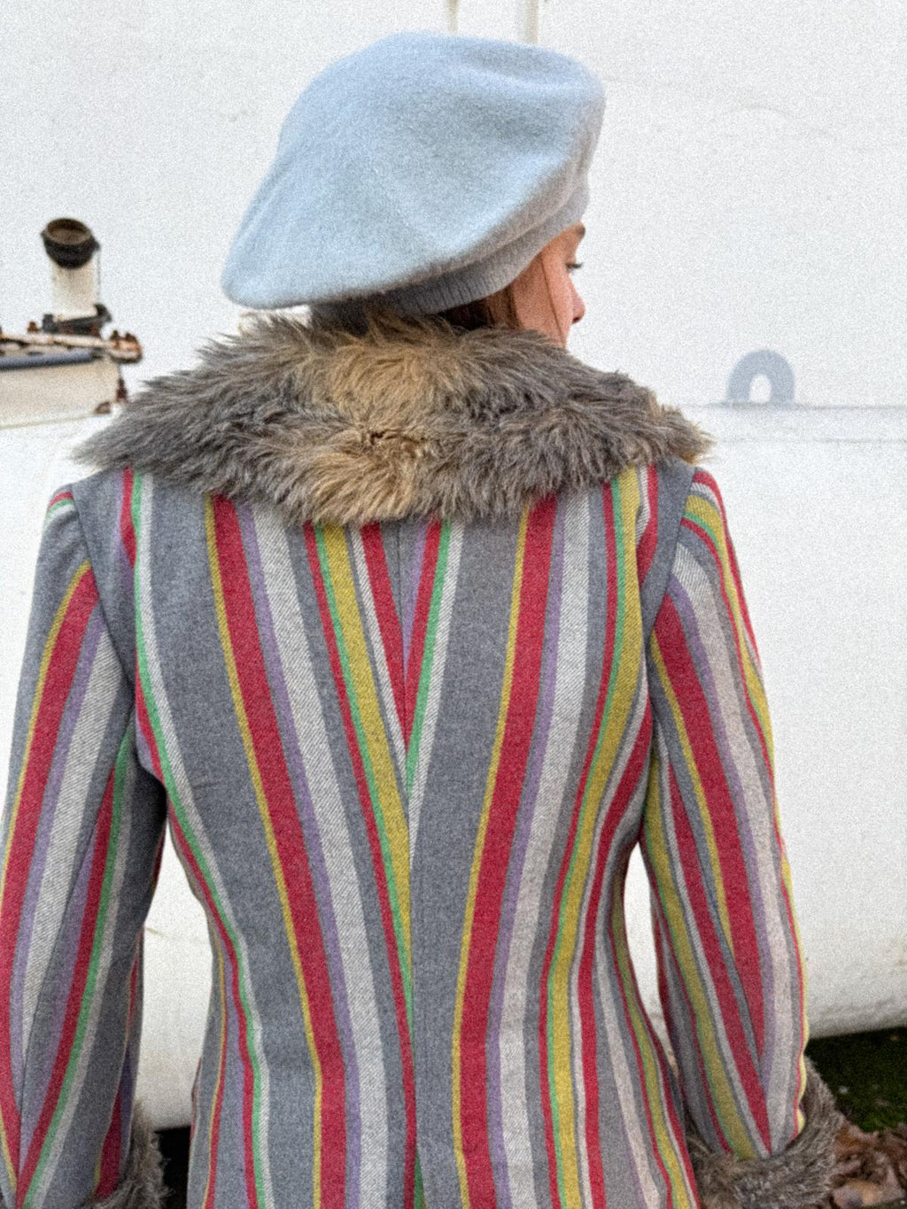 1970s Gil Bret Wool Blend Striped Mod Jacket with Faux Fur Cuffs