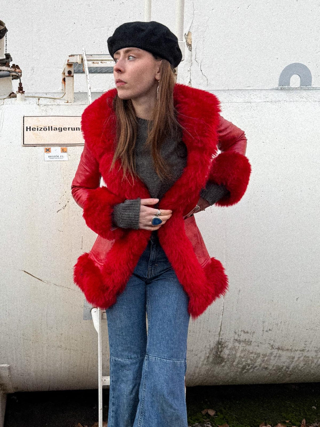 1970s Lipstick-Red Leather Light Coat with Plush Trim