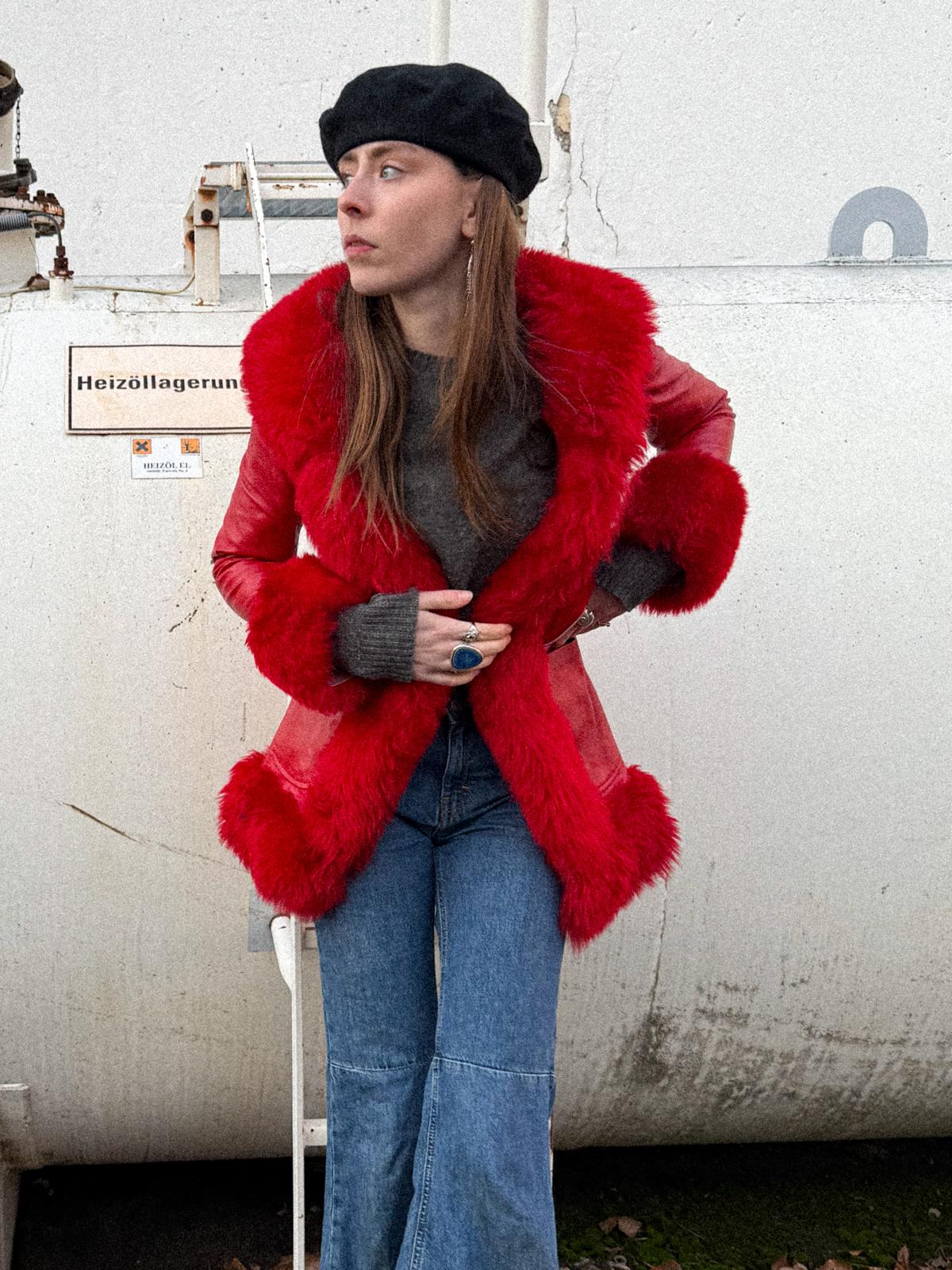 1970s Lipstick-Red Leather Light Coat with Plush Trim