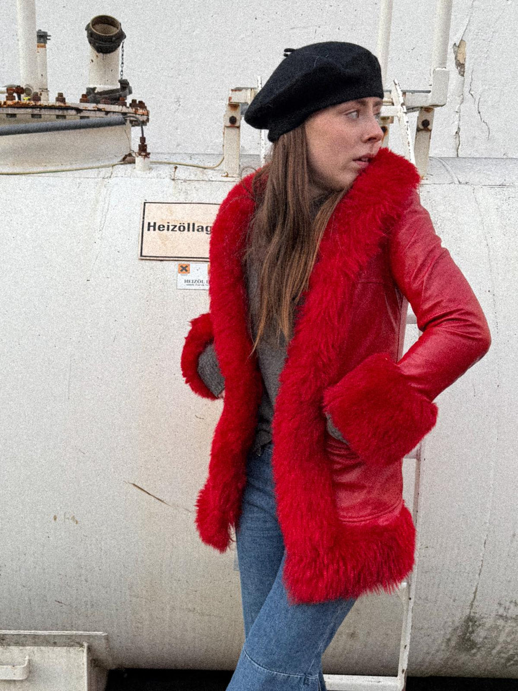 1970s Lipstick-Red Leather Light Coat with Plush Trim