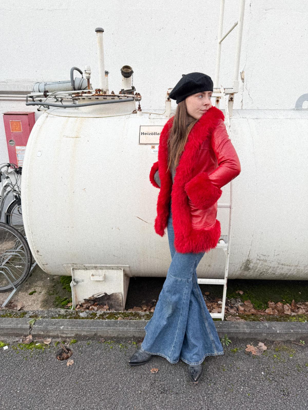 1970s Lipstick-Red Leather Light Coat with Plush Trim