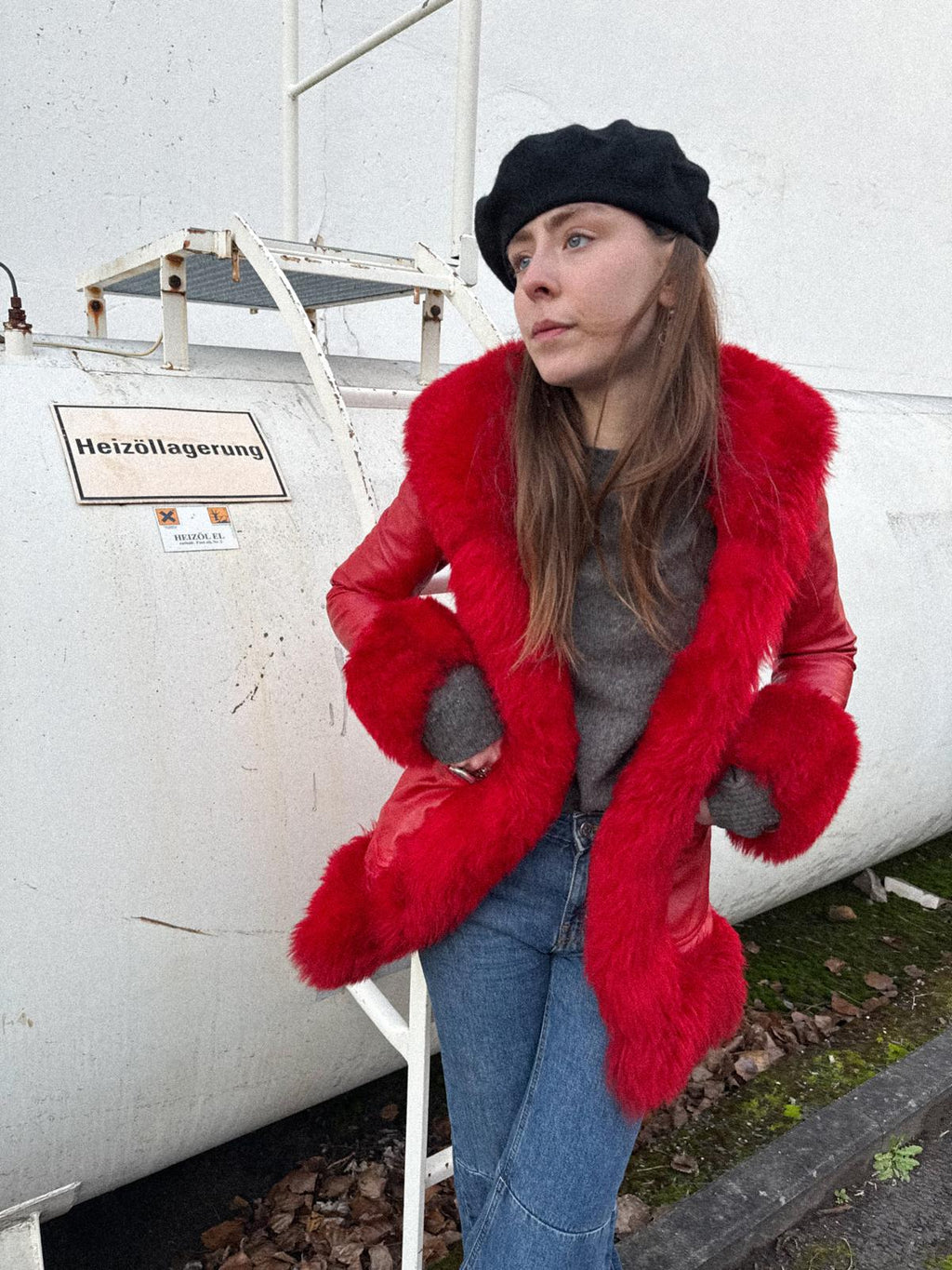 1970s Lipstick-Red Leather Light Coat with Plush Trim