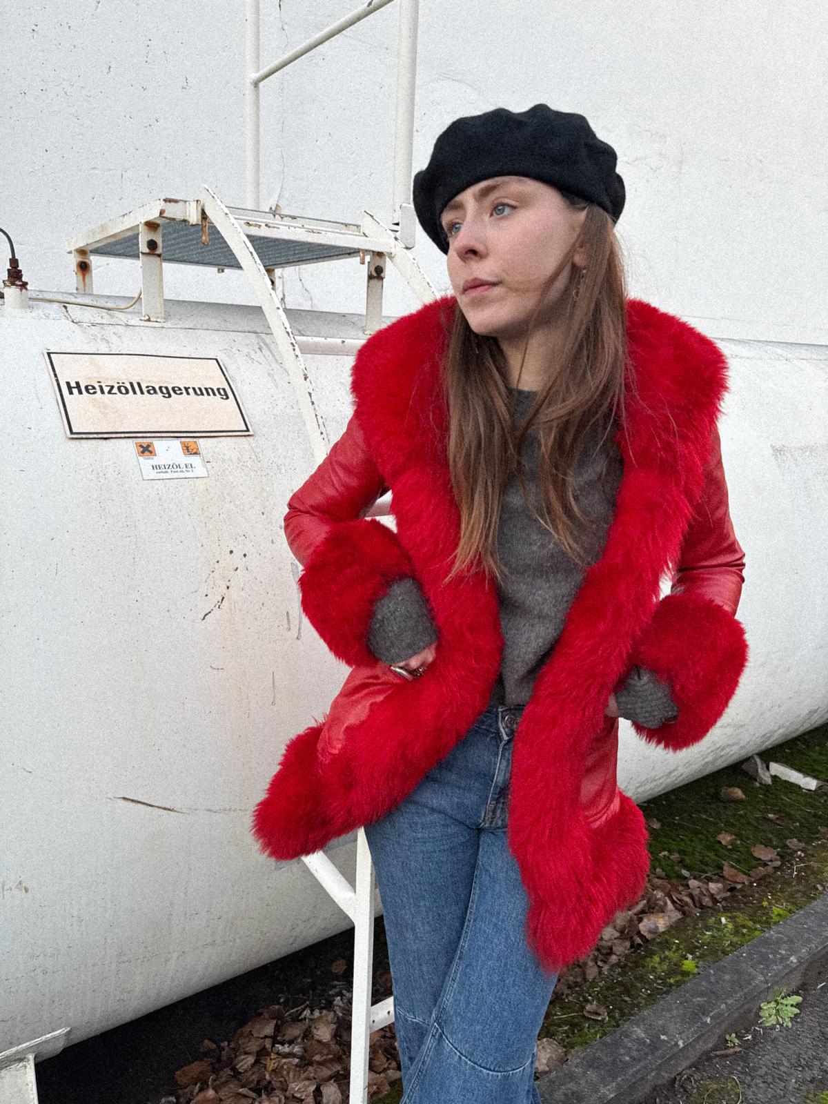 1970s Lipstick-Red Leather Light Coat with Plush Trim