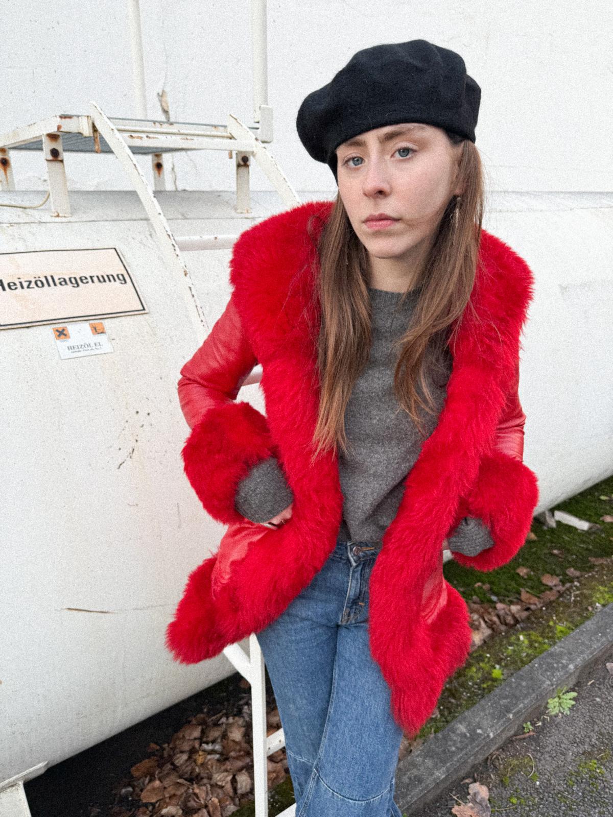 1970s Lipstick-Red Leather Light Coat with Plush Trim