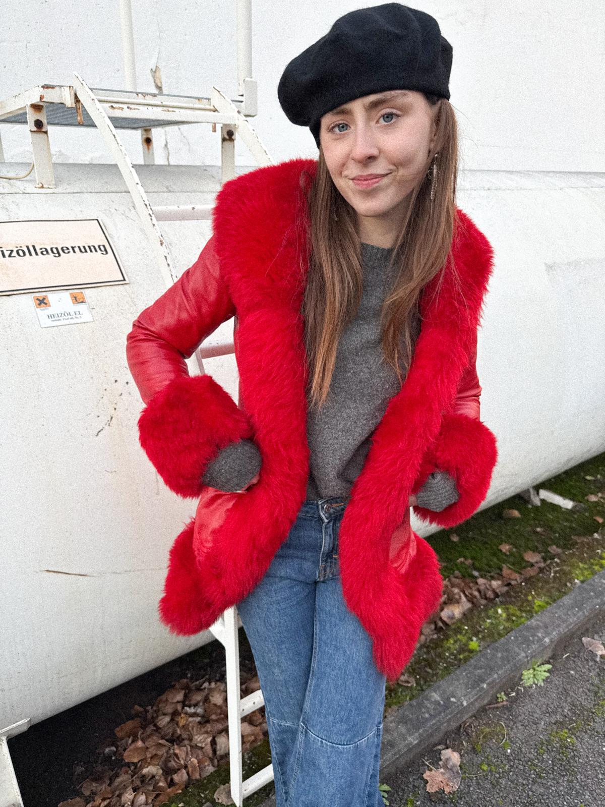 1970s Lipstick-Red Leather Light Coat with Plush Trim