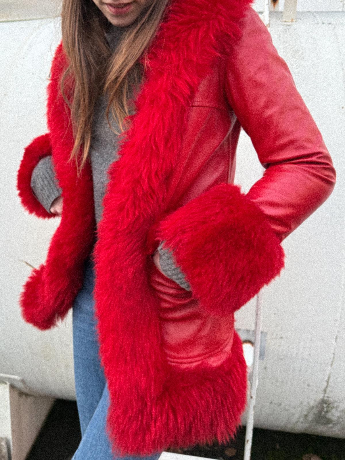 1970s Lipstick-Red Leather Light Coat with Plush Trim