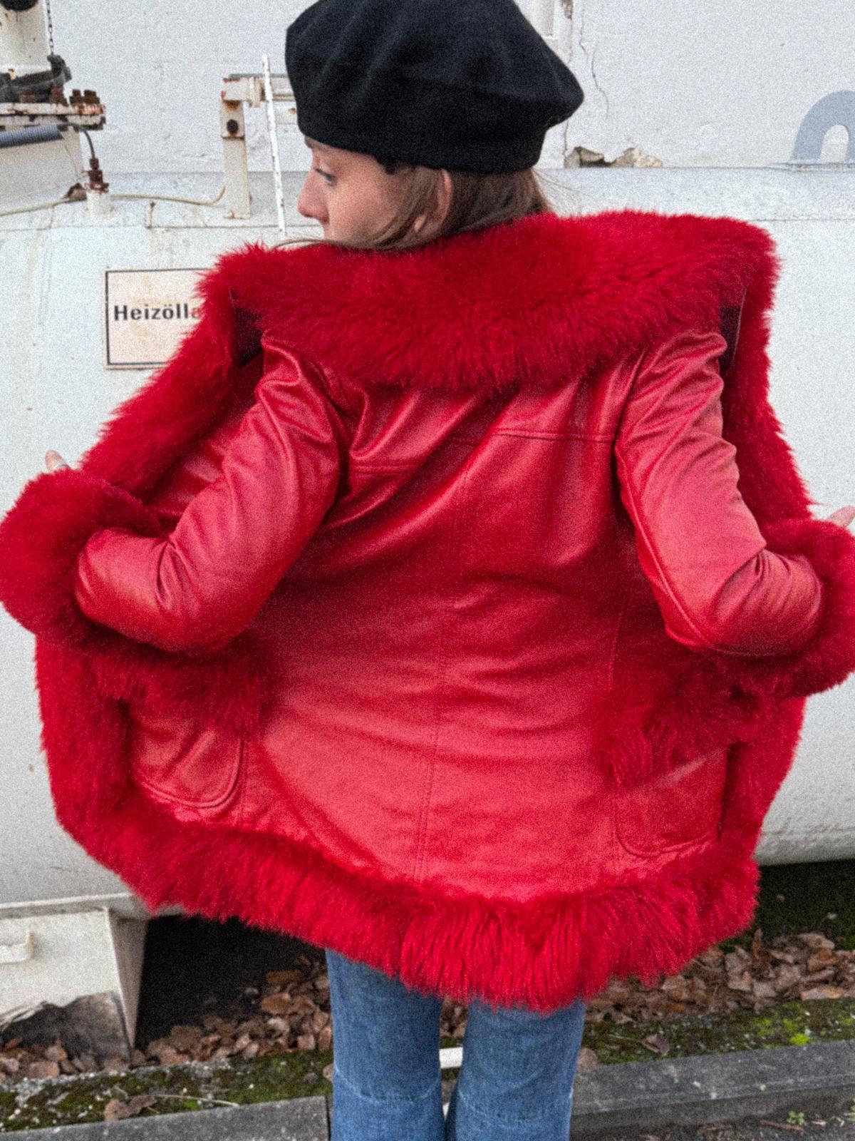 1970s Lipstick-Red Leather Light Coat with Plush Trim