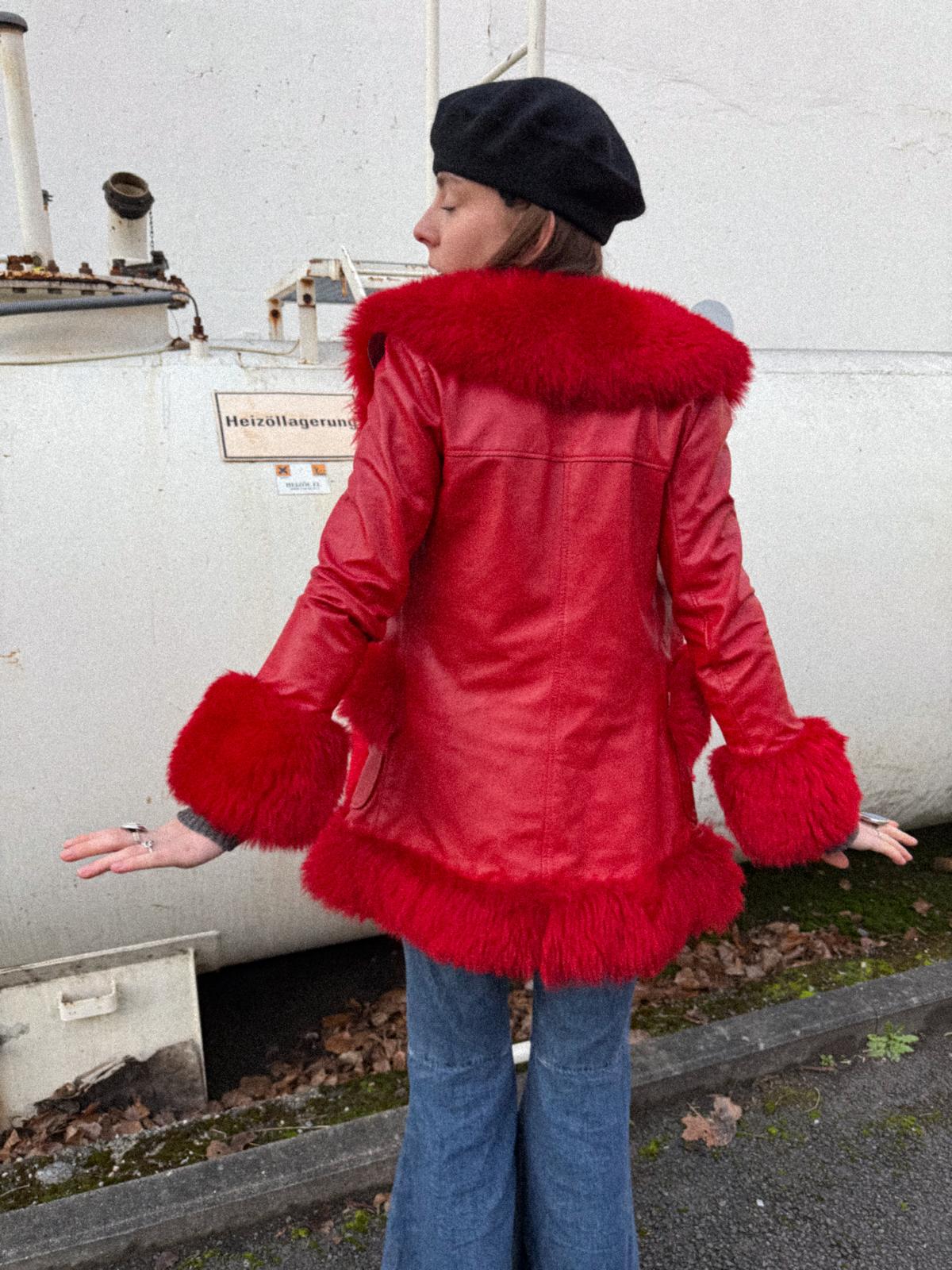 1970s Lipstick-Red Leather Light Coat with Plush Trim