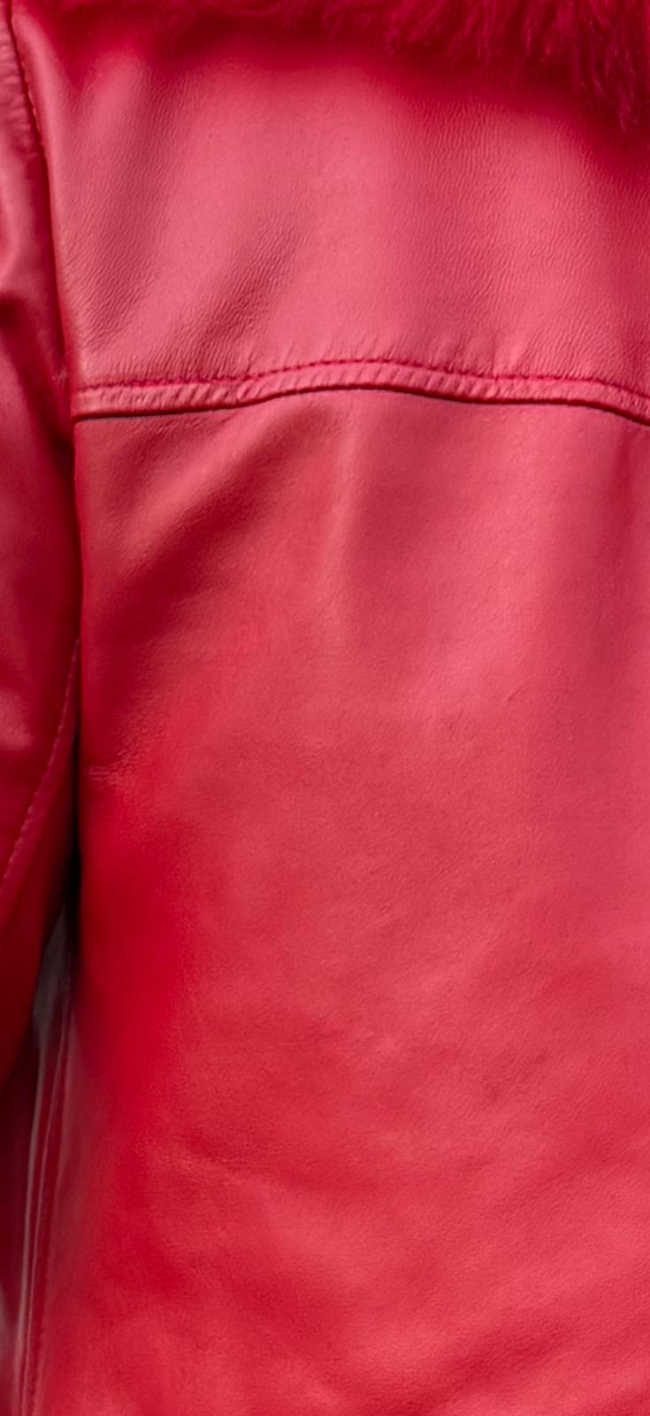 1970s Lipstick-Red Leather Light Coat with Plush Trim