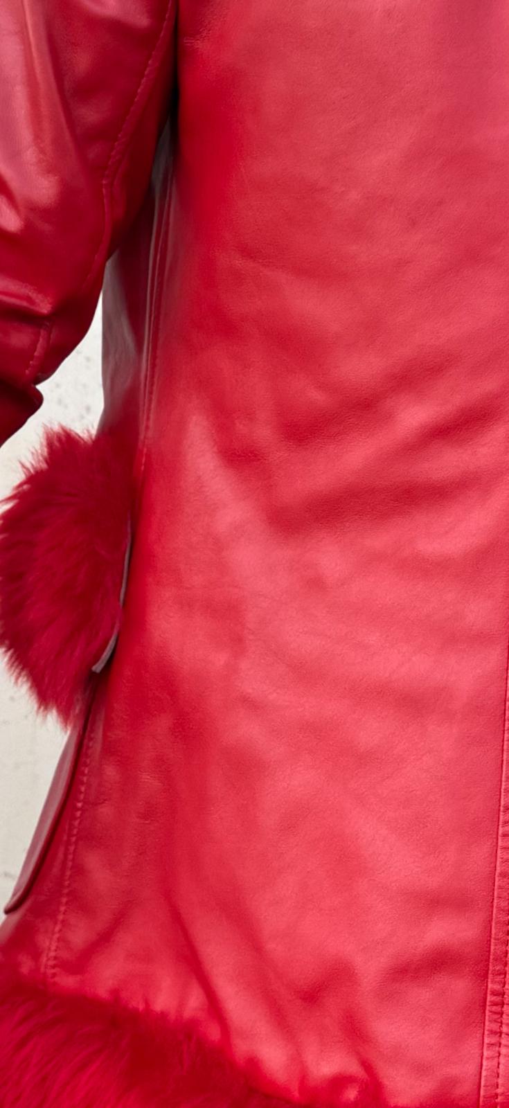 1970s Lipstick-Red Leather Light Coat with Plush Trim