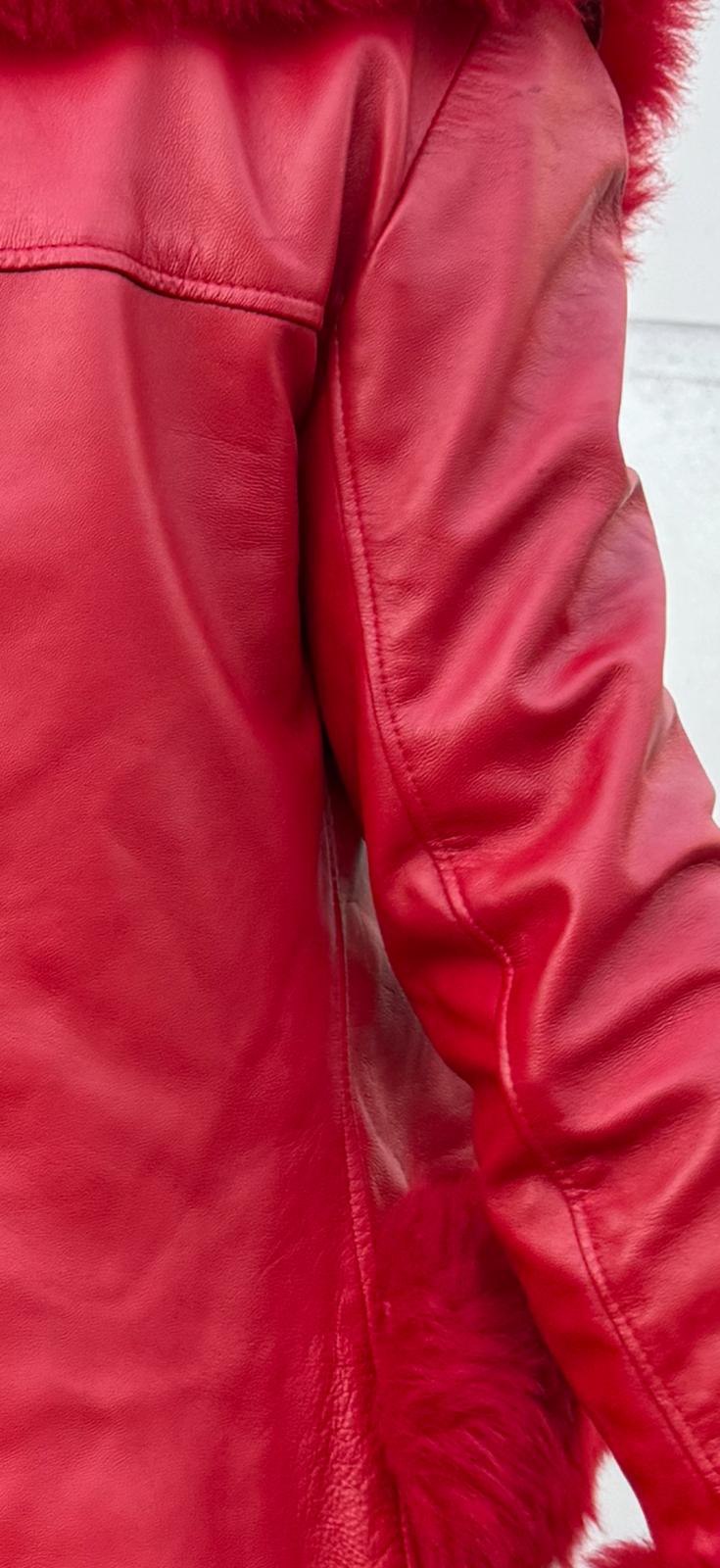 1970s Lipstick-Red Leather Light Coat with Plush Trim