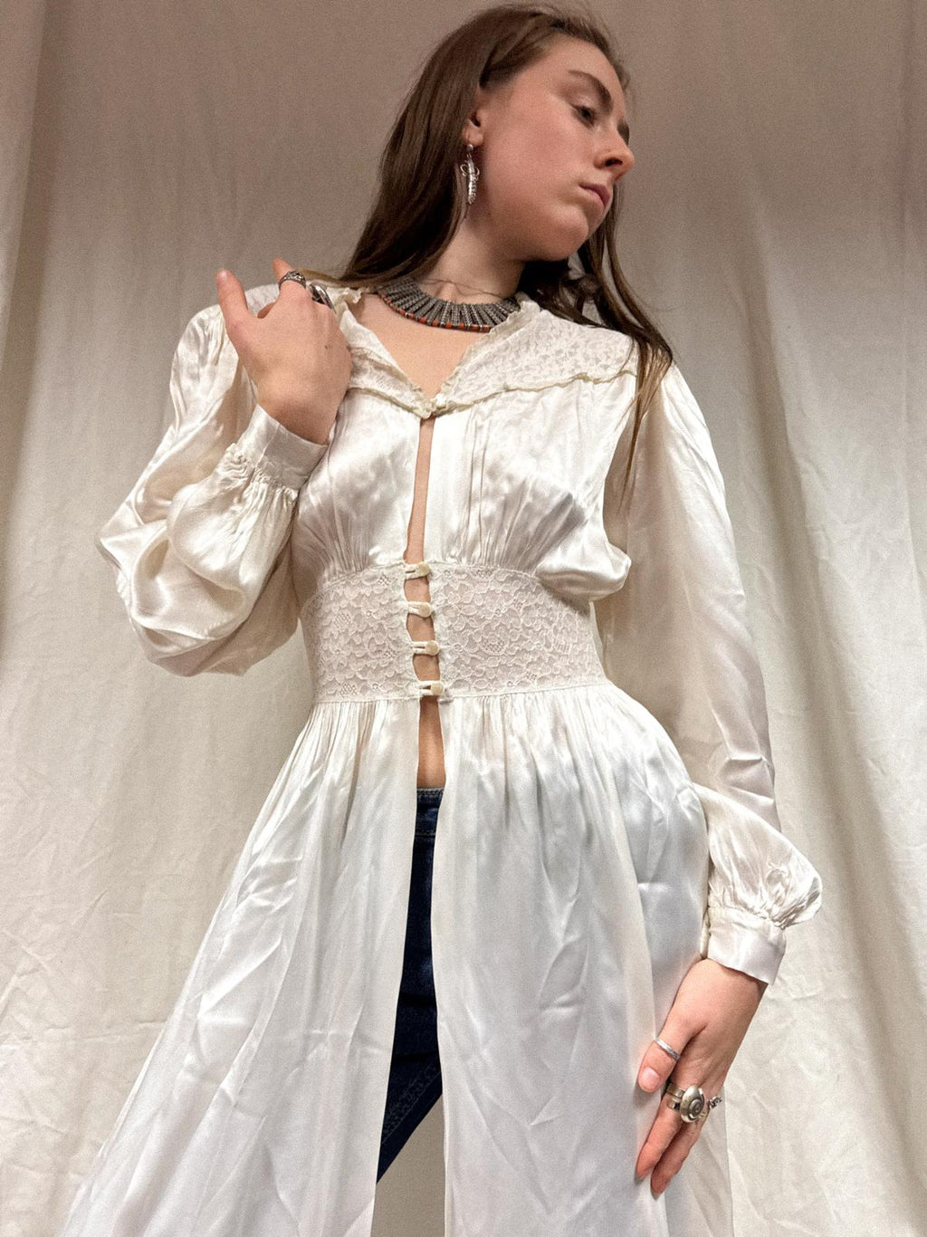 1930s Silk Satin and Lace Peignoir