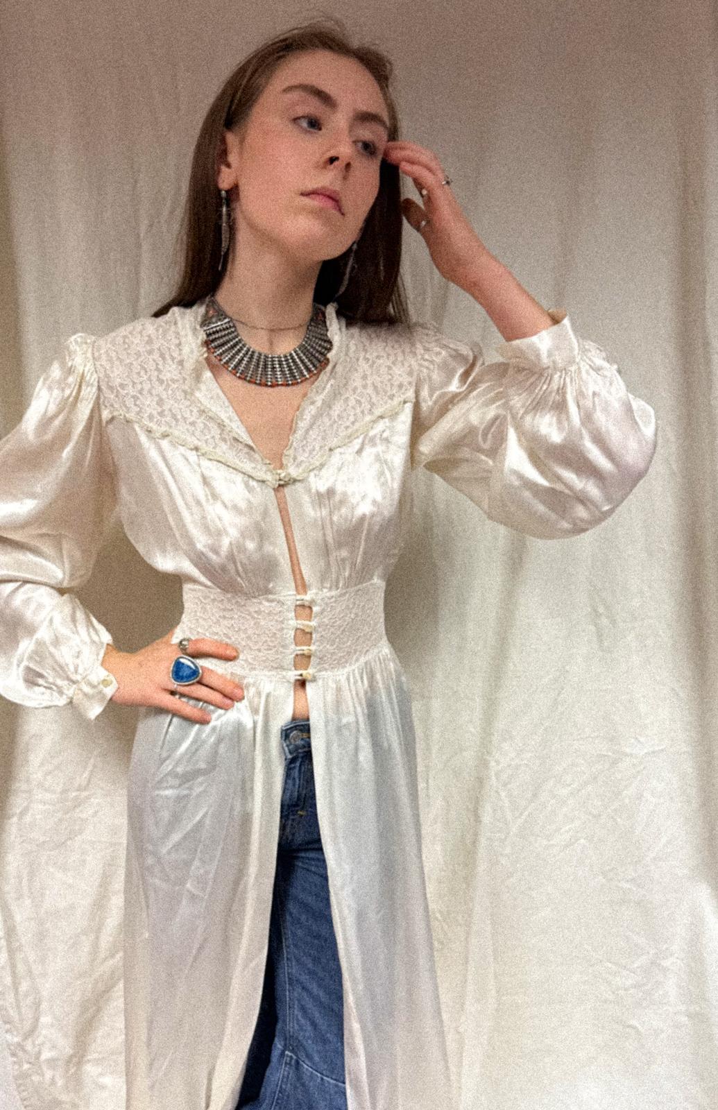 1930s Silk Satin and Lace Peignoir