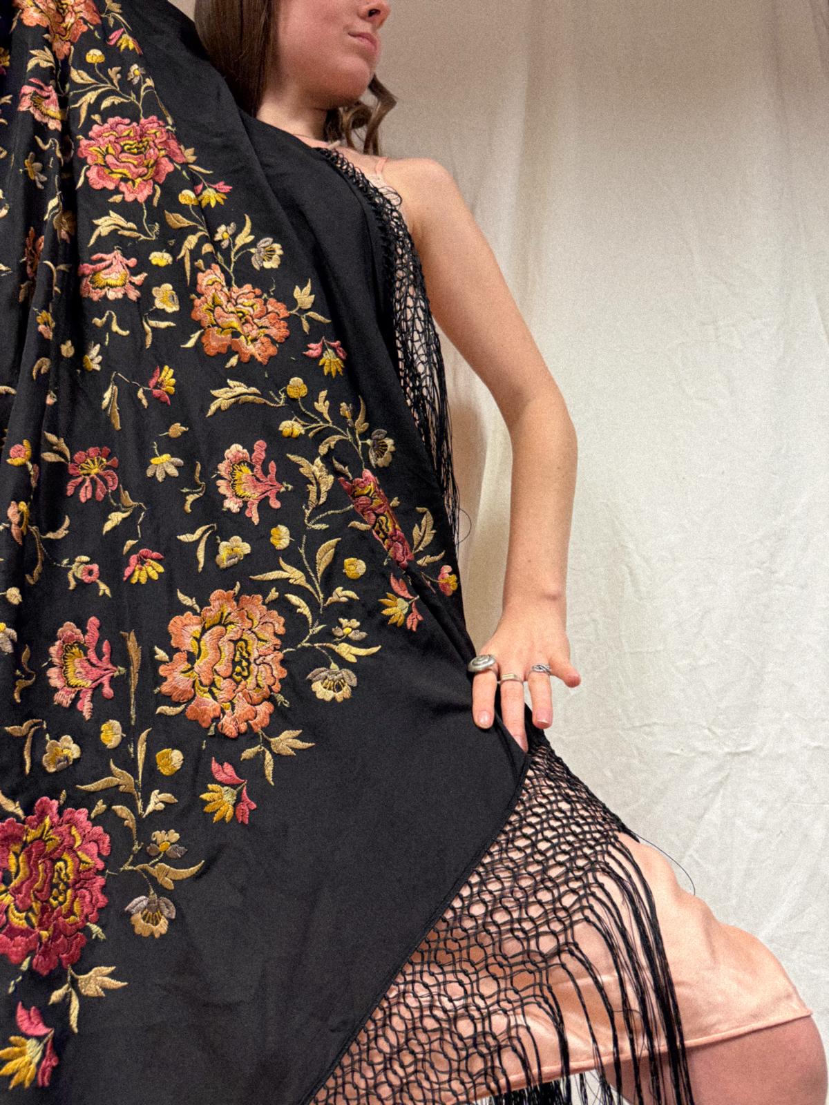 1920s Silk Piano Shawl with Embroidered Peonies