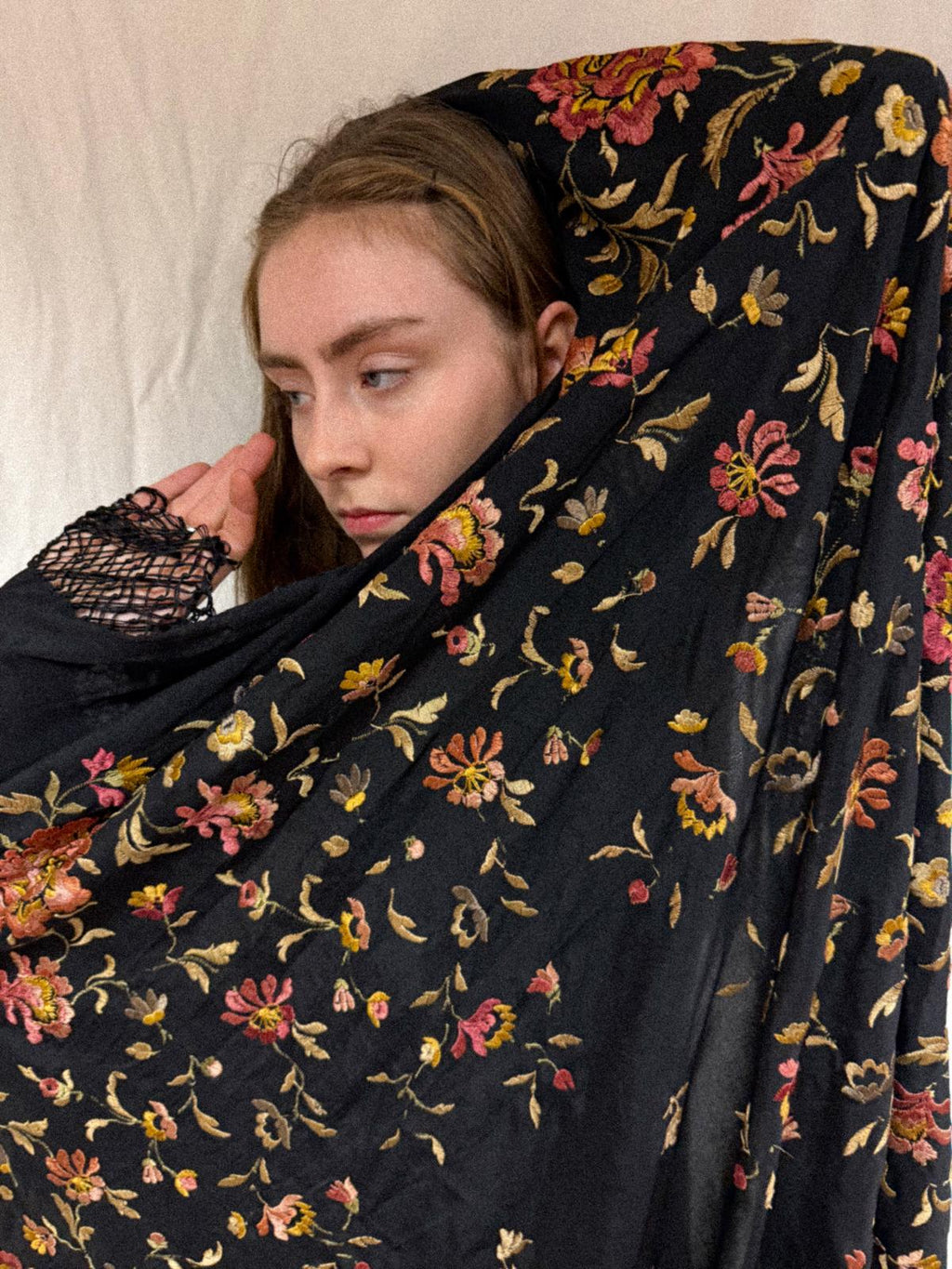 1920s Silk Piano Shawl with Embroidered Peonies