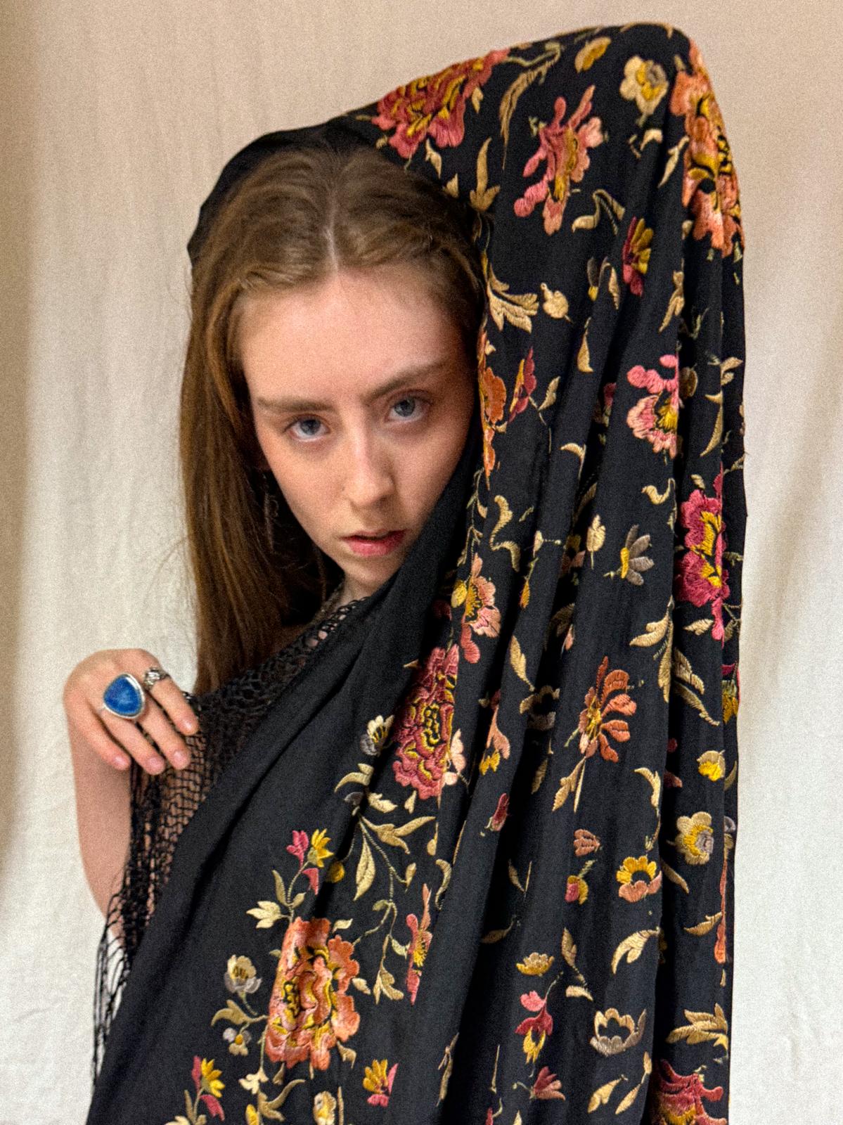 1920s Silk Piano Shawl with Embroidered Peonies