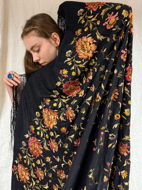 1920s Silk Piano Shawl with Embroidered Peonies