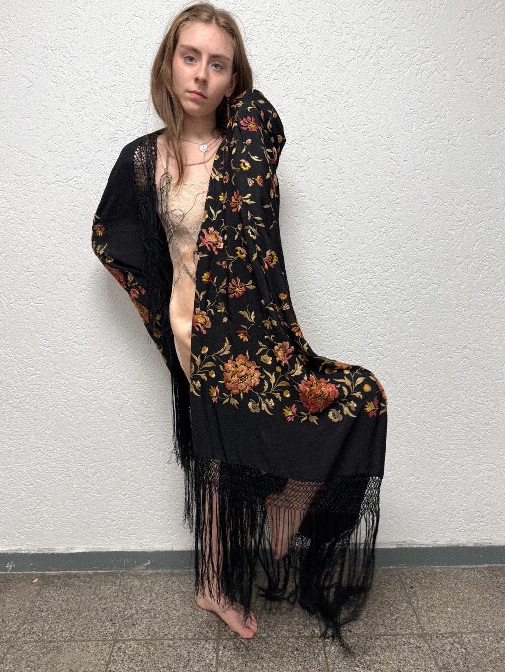 1920s Silk Piano Shawl with Embroidered Peonies