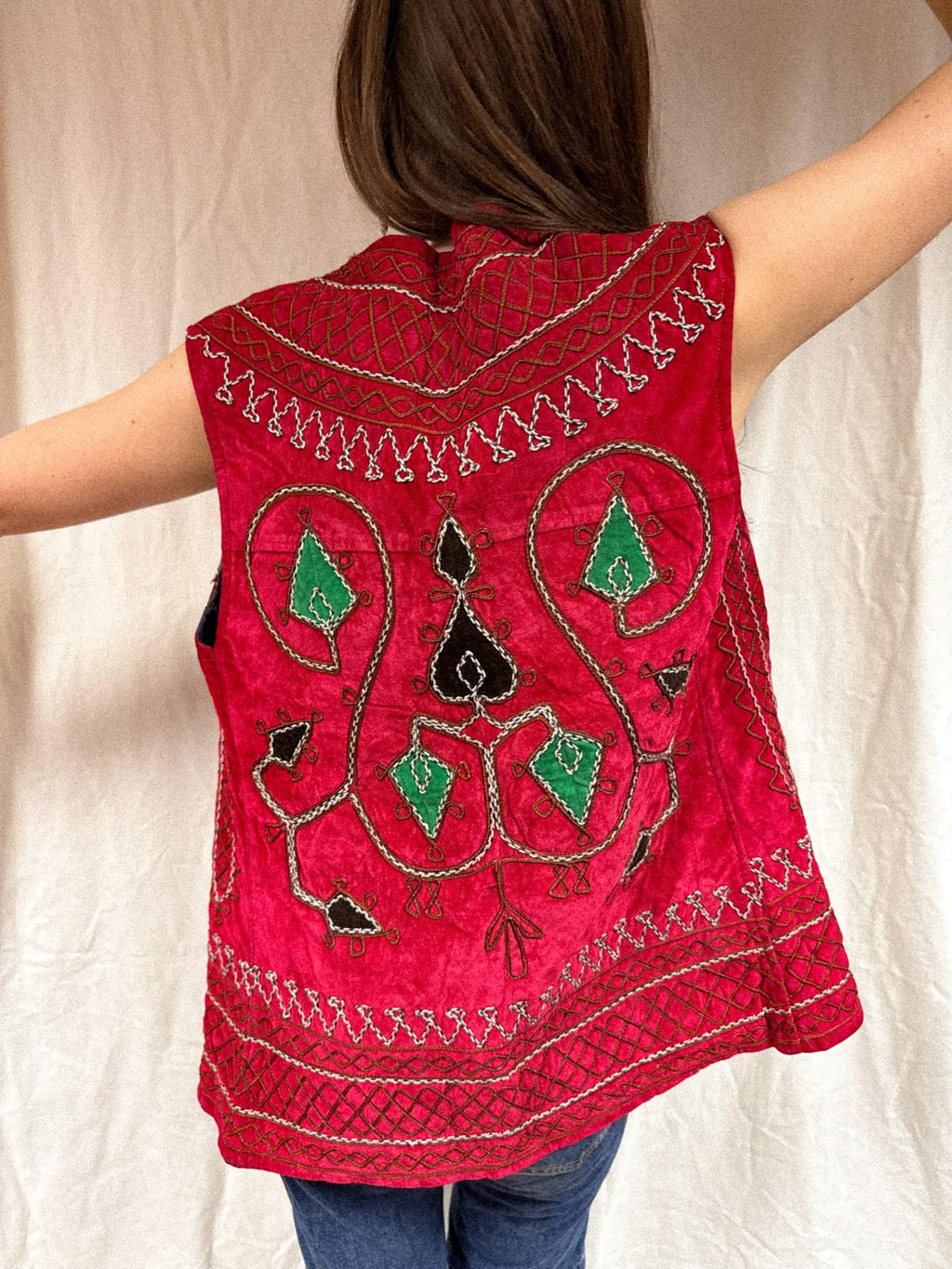 1960s Afghan Chain-Stitched Embroidered Long Vest