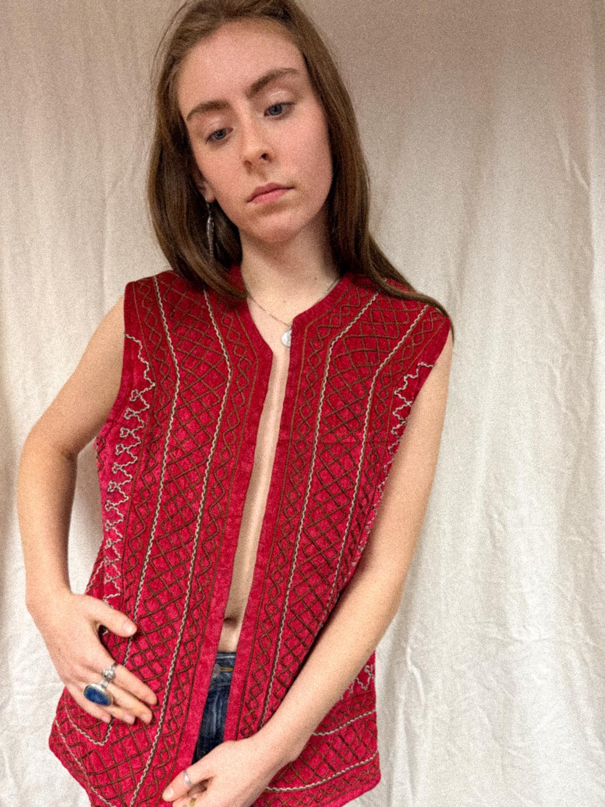 1960s Afghan Chain-Stitched Embroidered Long Vest