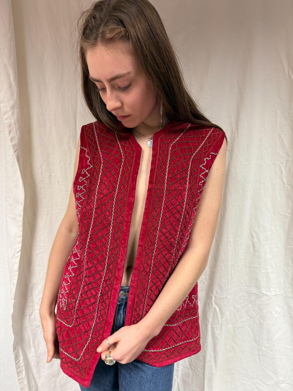 1960s Afghan Chain-Stitched Embroidered Long Vest