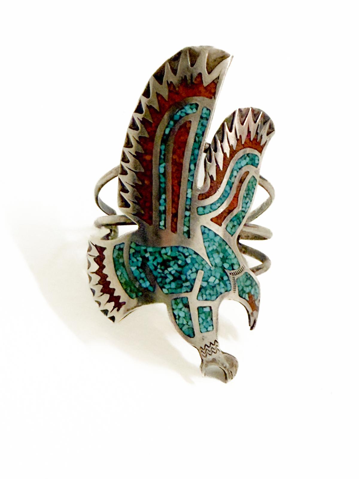 1960s–70s Southwestern Thunderbird Cuff in Sterling Silver with Turquoise and Coral Chip Inlay (HMIJ, Gilbert Ortega Shop)