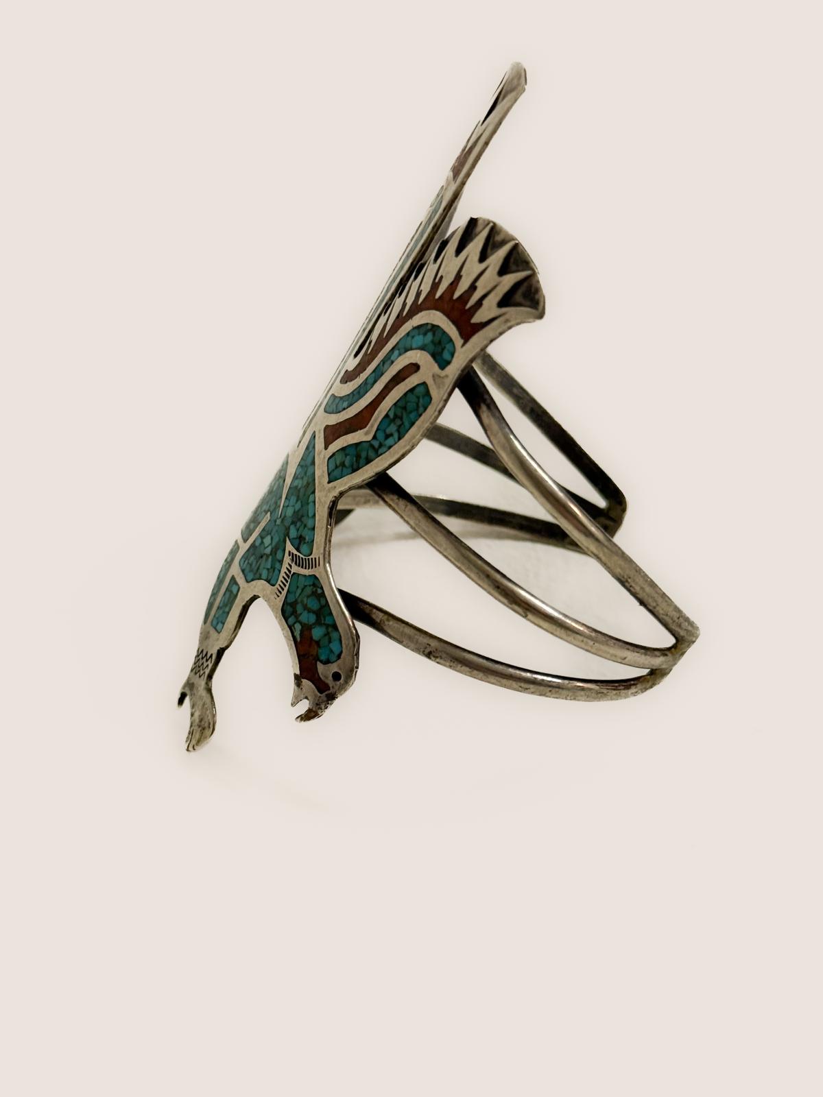 1960s–70s Southwestern Thunderbird Cuff in Sterling Silver with Turquoise and Coral Chip Inlay (HMIJ, Gilbert Ortega Shop)