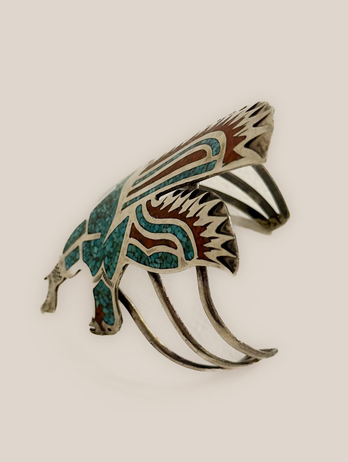1960s–70s Southwestern Thunderbird Cuff in Sterling Silver with Turquoise and Coral Chip Inlay (HMIJ, Gilbert Ortega Shop)