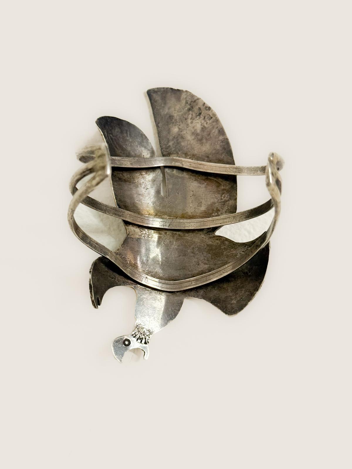 1960s–70s Southwestern Thunderbird Cuff in Sterling Silver with Turquoise and Coral Chip Inlay (HMIJ, Gilbert Ortega Shop)