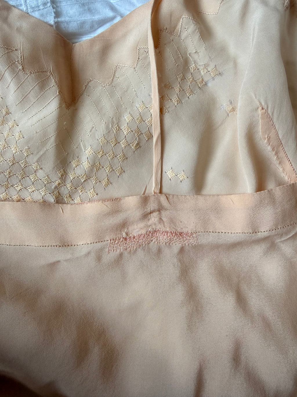 1930s Peach Silk Bias Cut Slip Dress with Art Deco Fagoting Detail