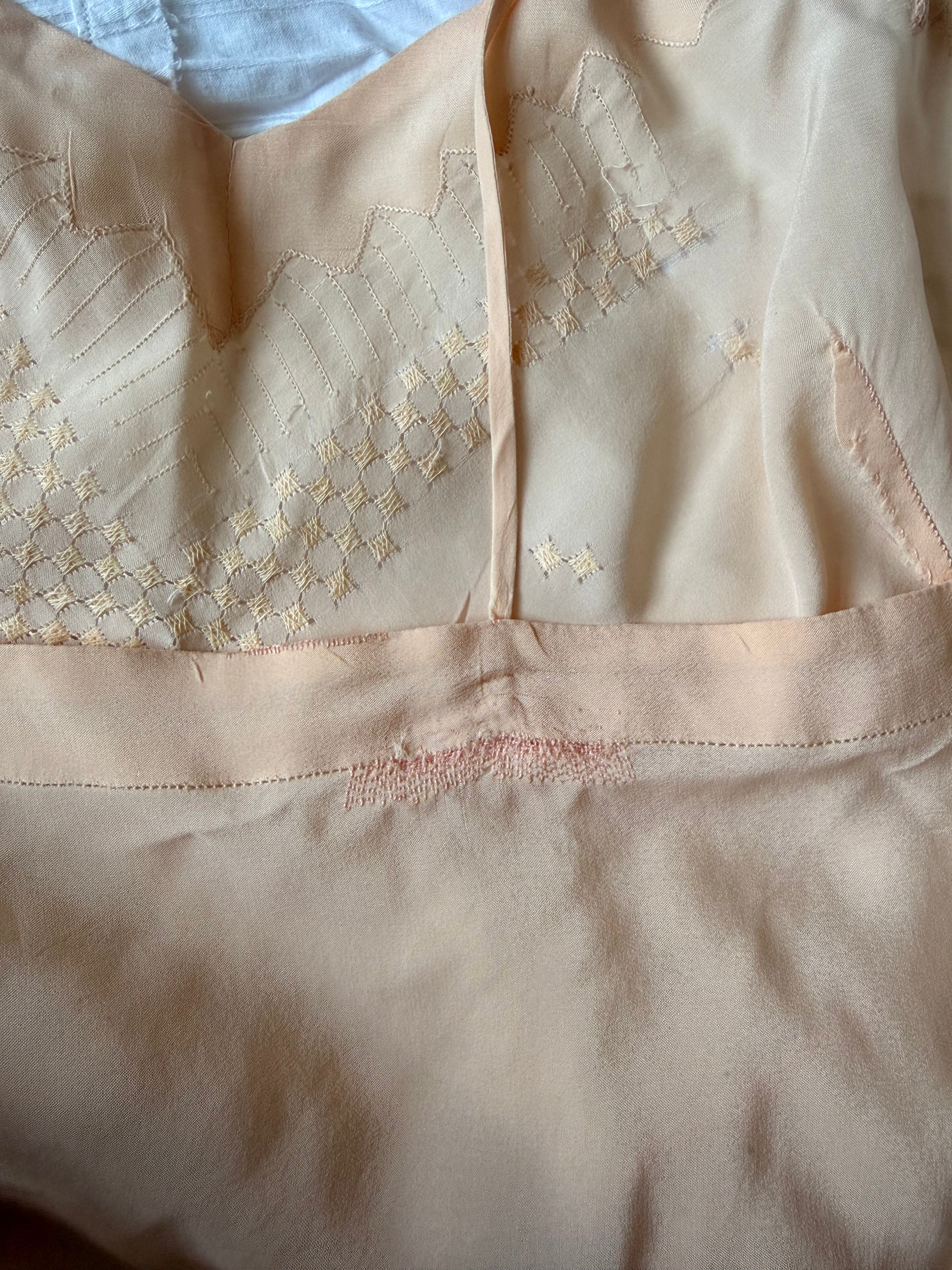 1930s Peach Silk Bias Cut Slip Dress with Art Deco Fagoting Detail