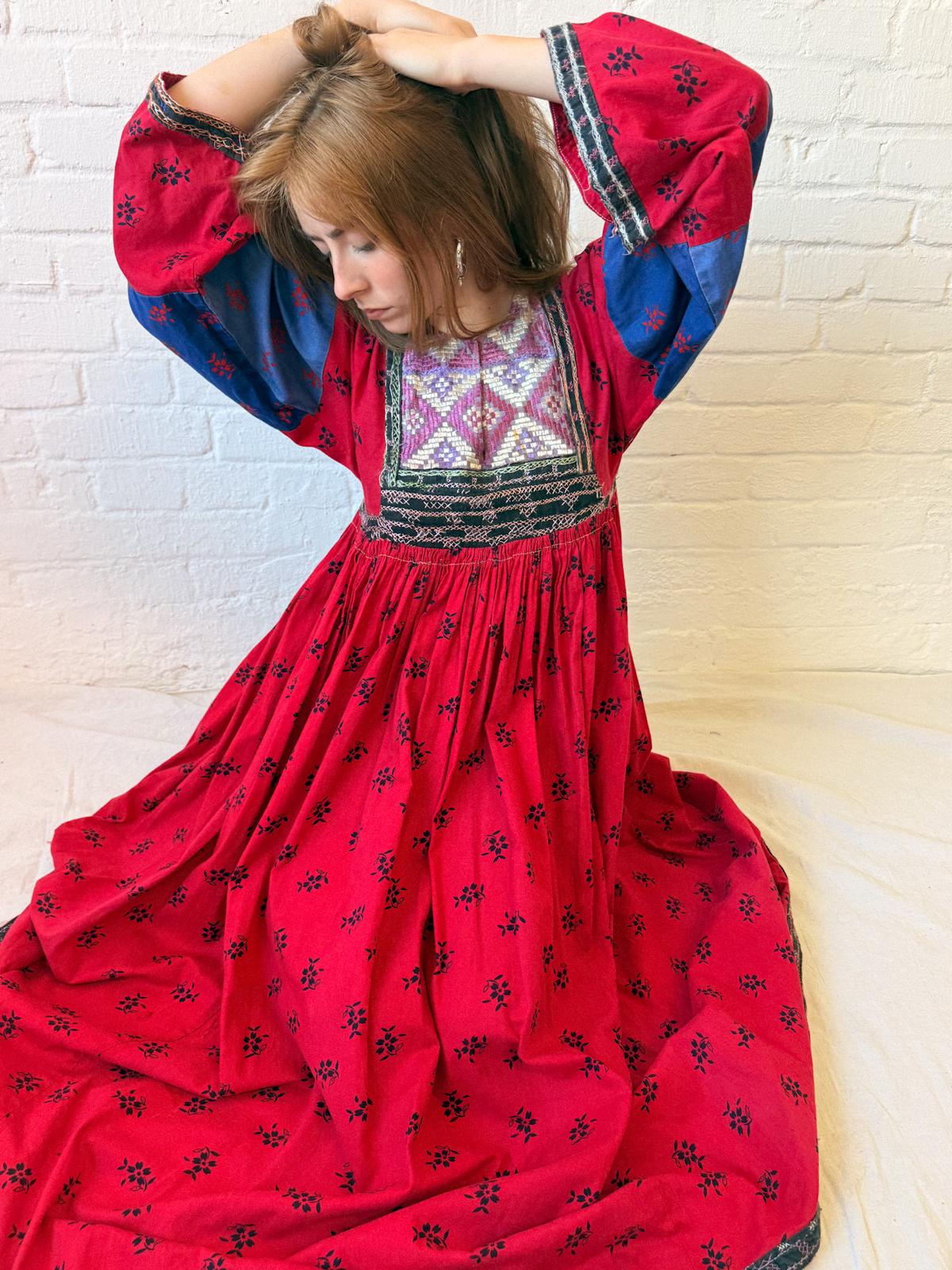 1970s Afghan Embroidered Maxi Dress – Red, Cobalt & Lavender