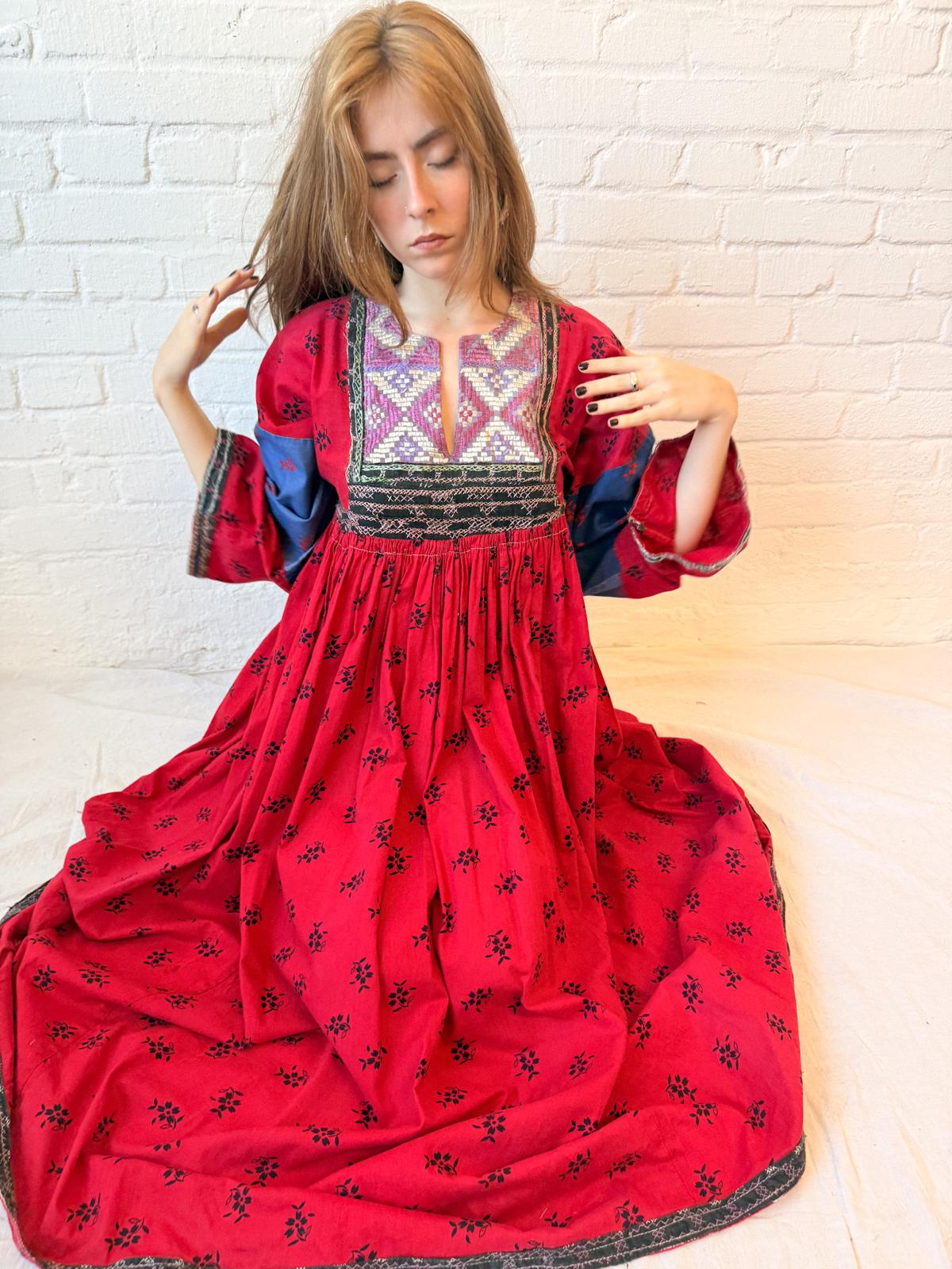 1970s Afghan Embroidered Maxi Dress – Red, Cobalt & Lavender