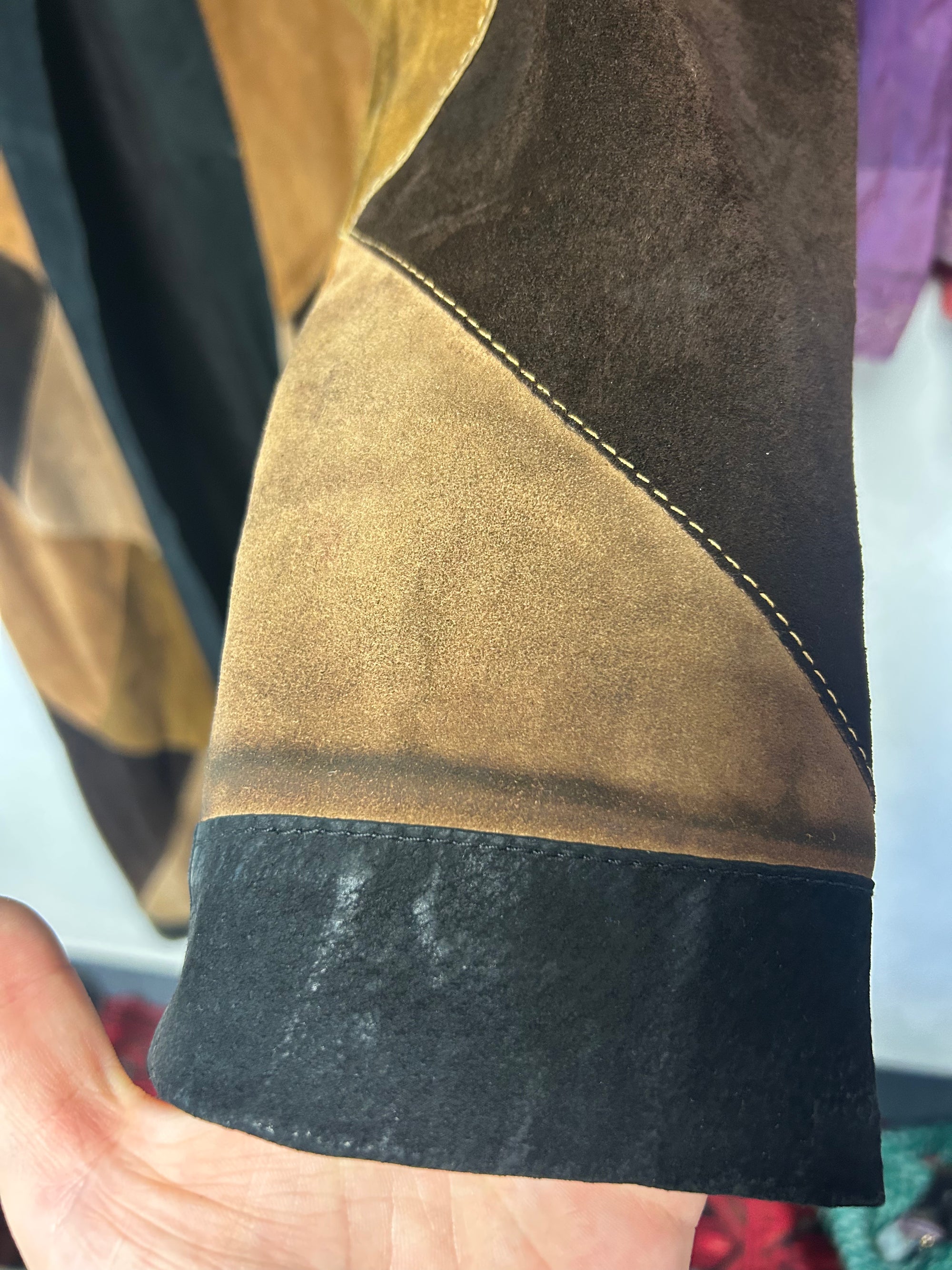 1970s Long Patchwork Suede Coat