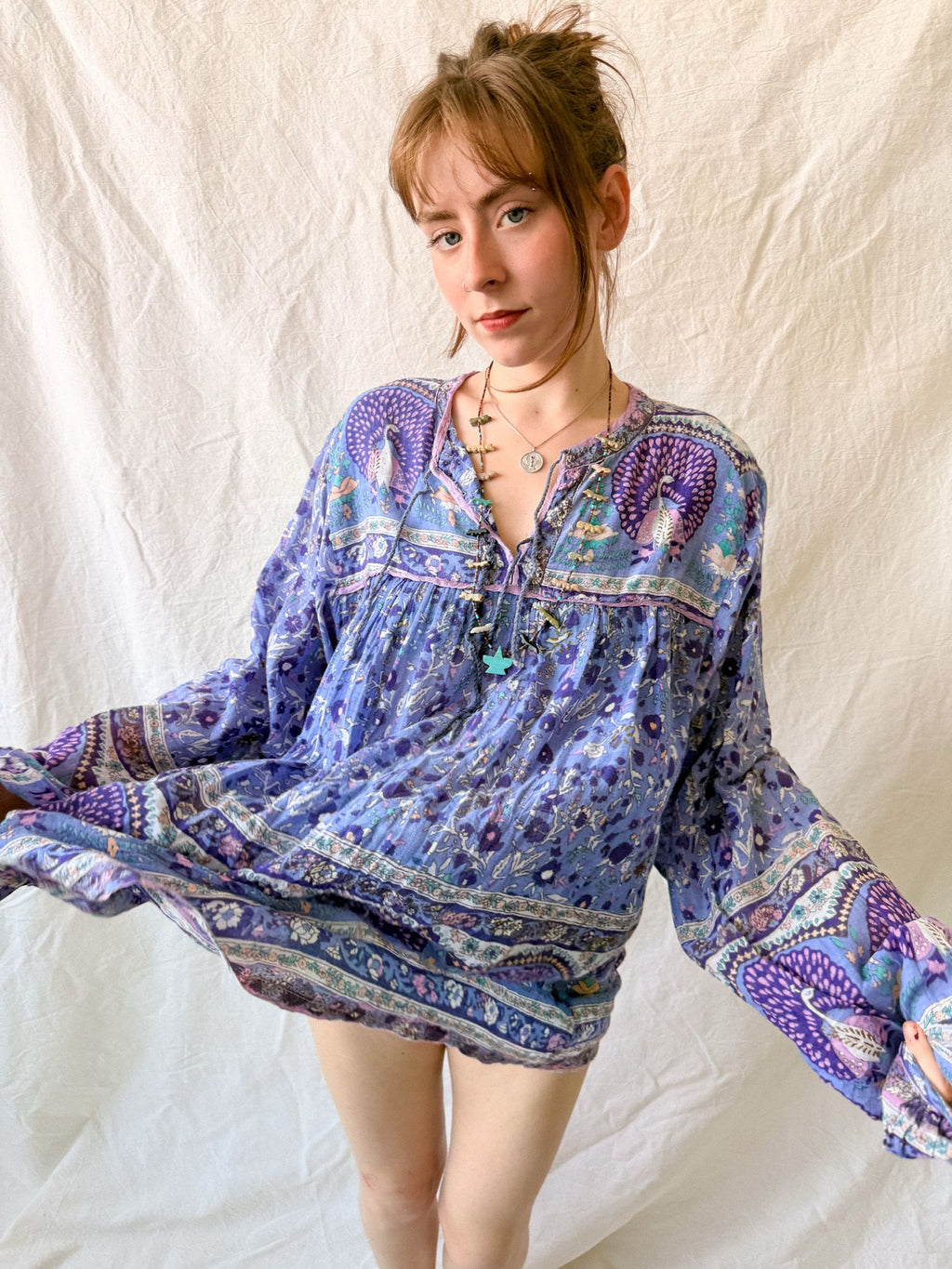 1970s Indian Cotton Gauze Peacock Tunic Dress