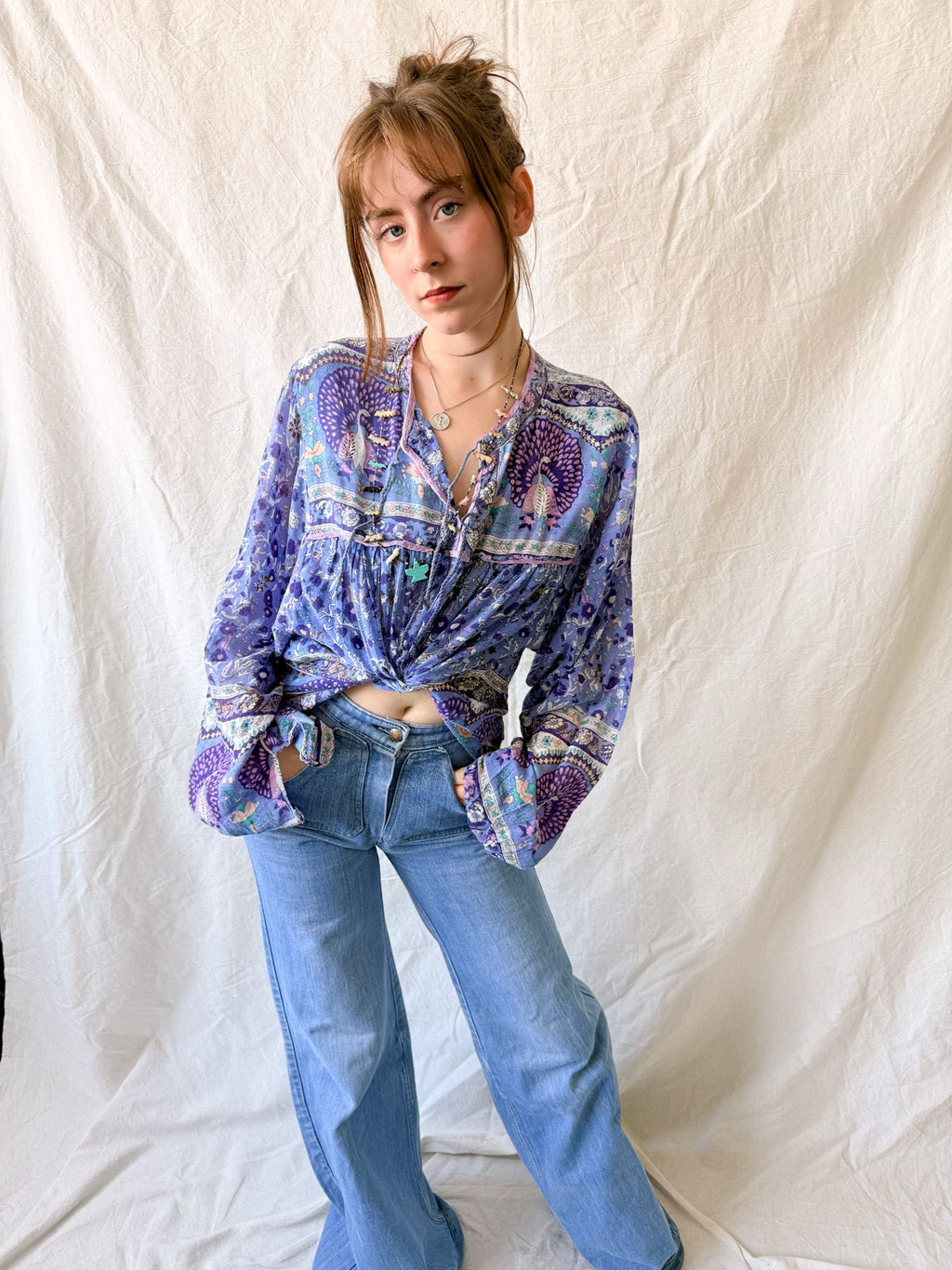 1970s Indian Cotton Gauze Peacock Tunic Dress